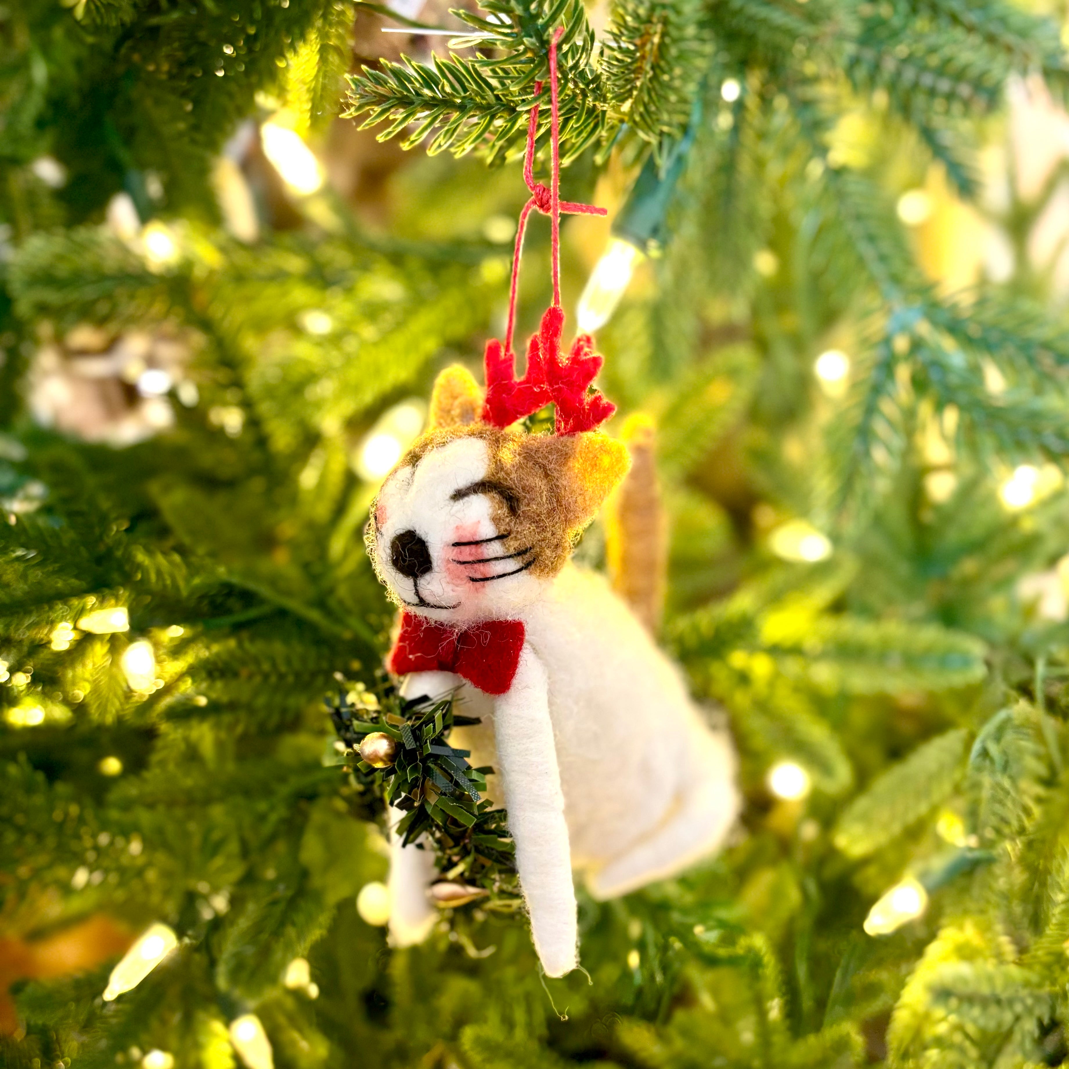 Felt White Cat with Red Antlers, Bowtie and Green Wreath