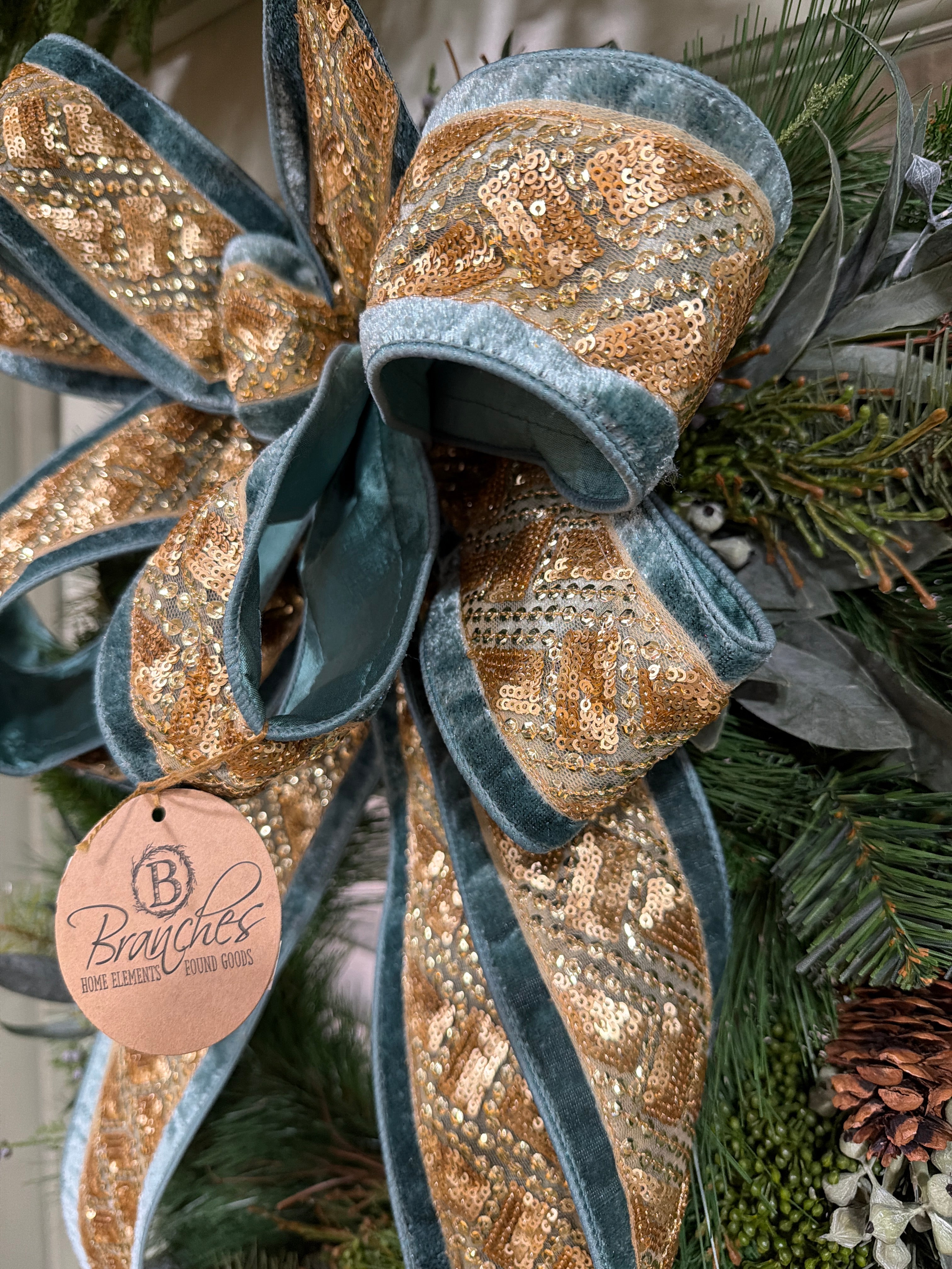 Luxe Teal Velvet & Gold Sequin Holiday Bow