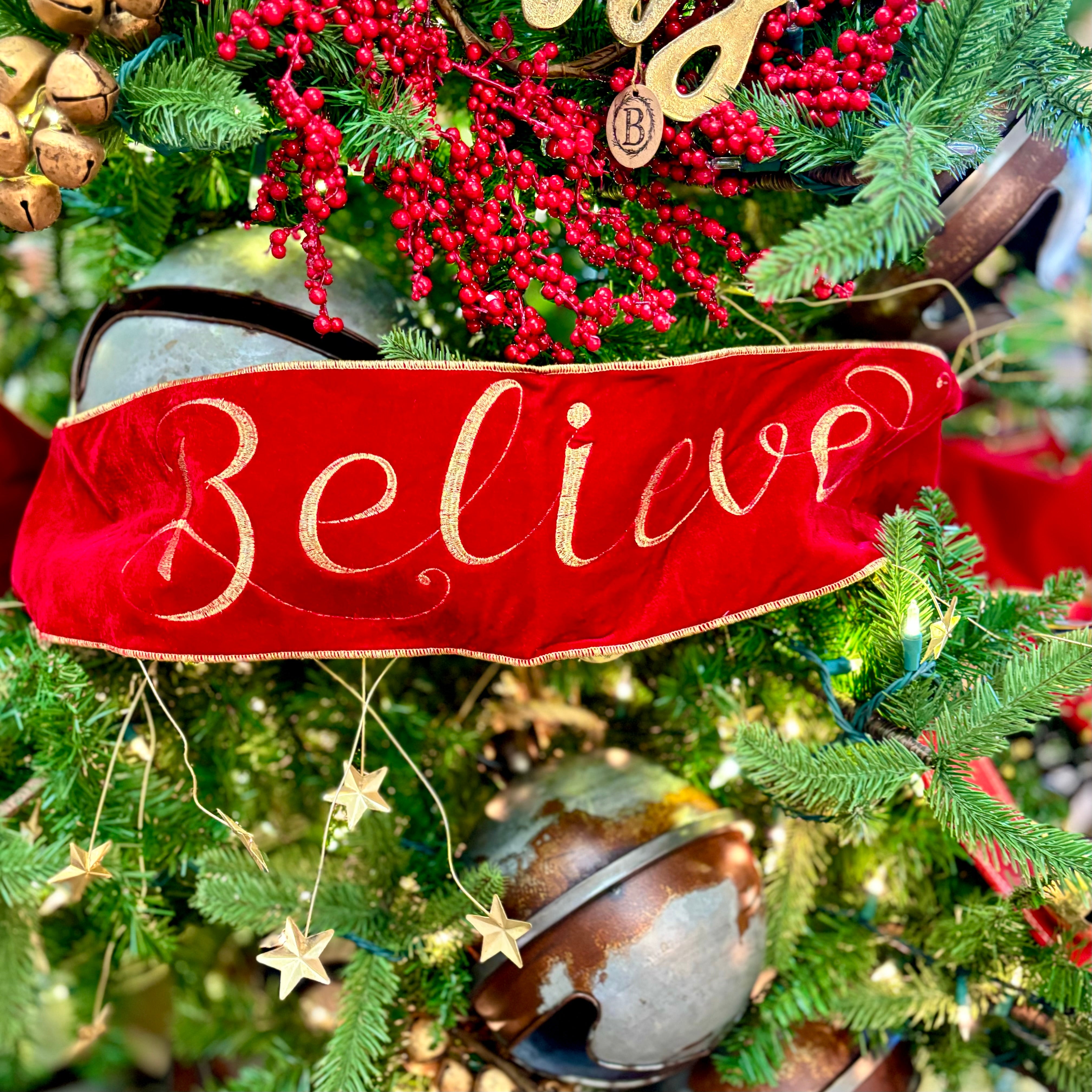 Velvet Embroidery "Believe" Banner Sash Red Gold