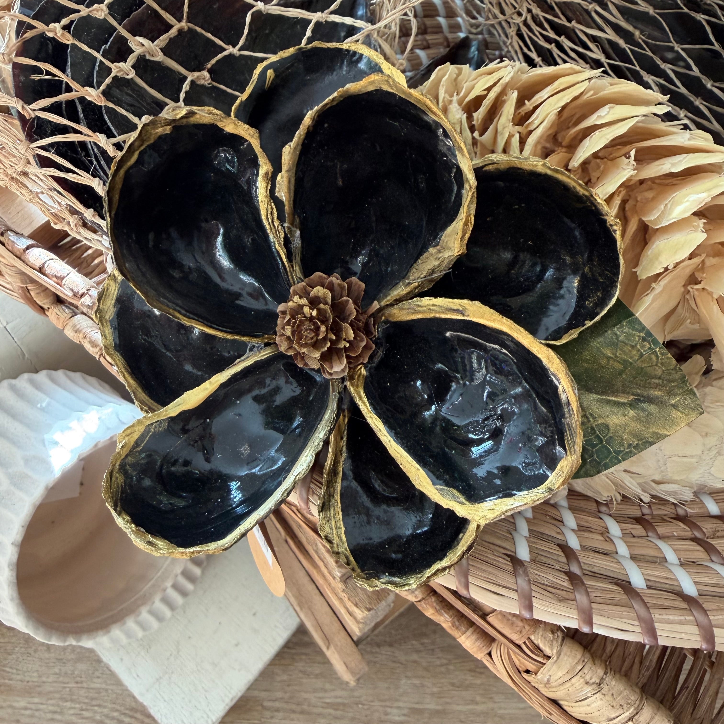 Blue Oyster Shell Magnolia Flower in Gift Box Black