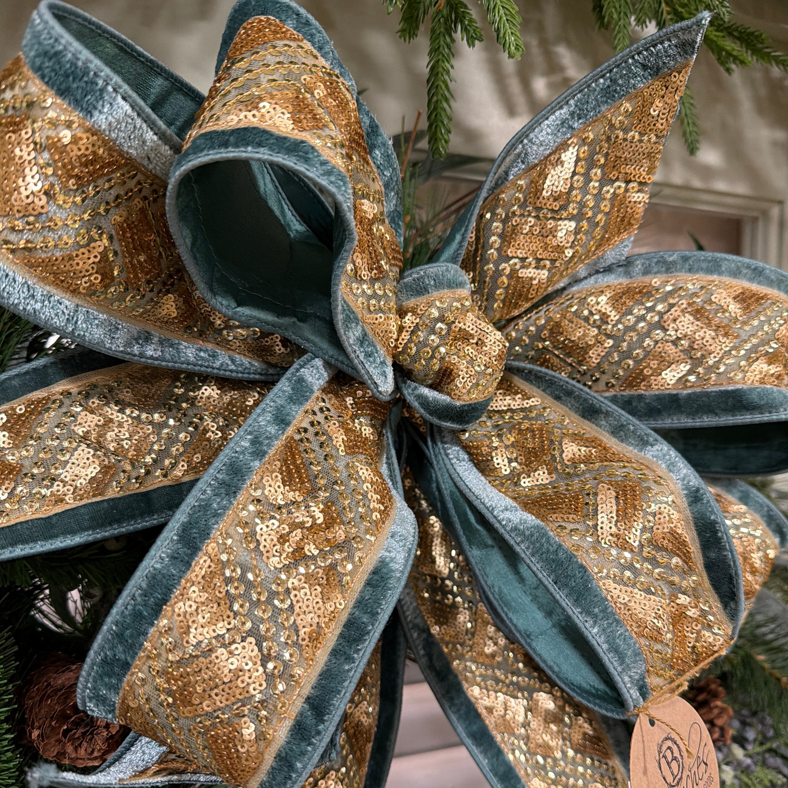 Luxe Teal Velvet & Gold Sequin Holiday Bow