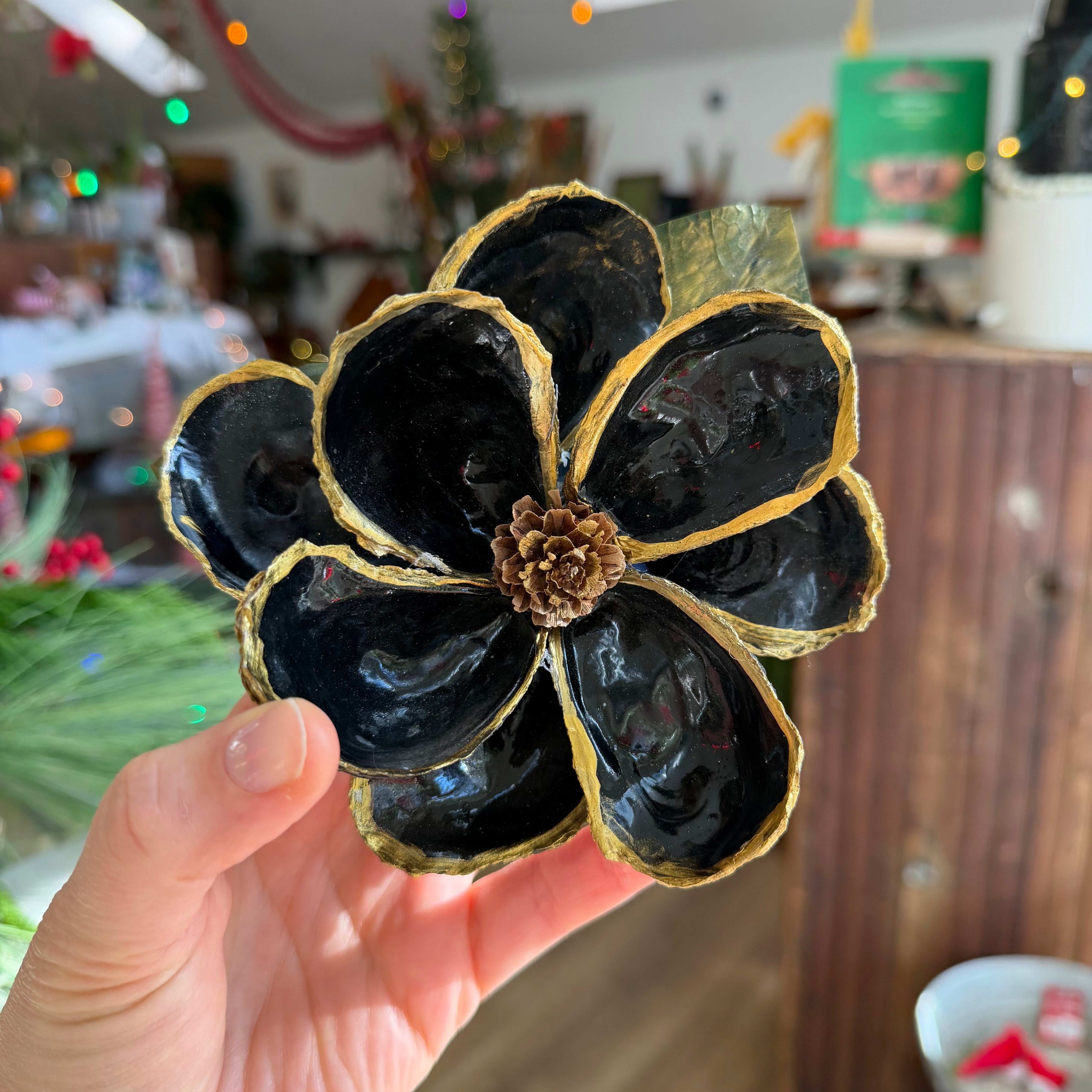 Blue Oyster Shell Magnolia Flower in Gift Box Black