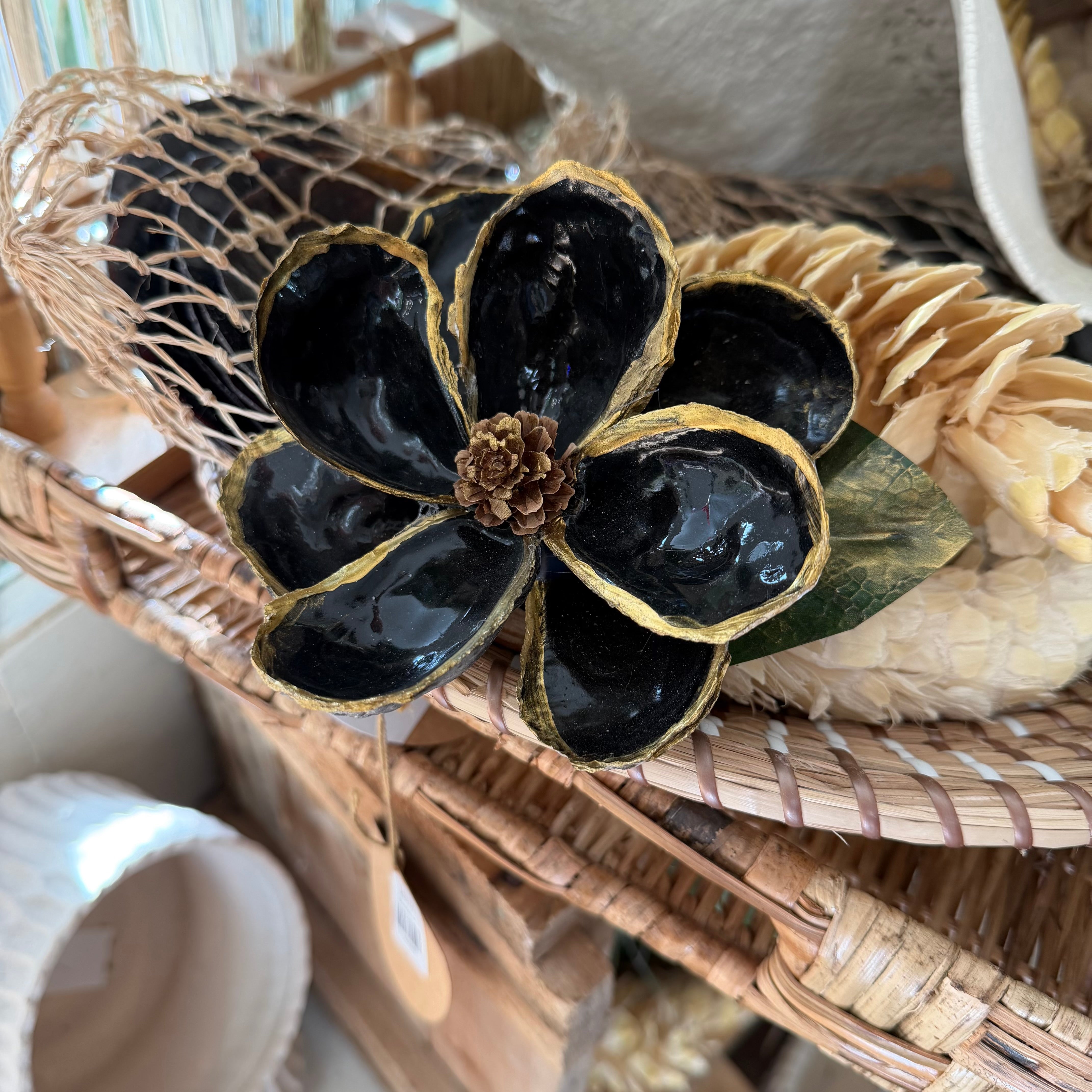 Blue Oyster Shell Magnolia Flower in Gift Box Black