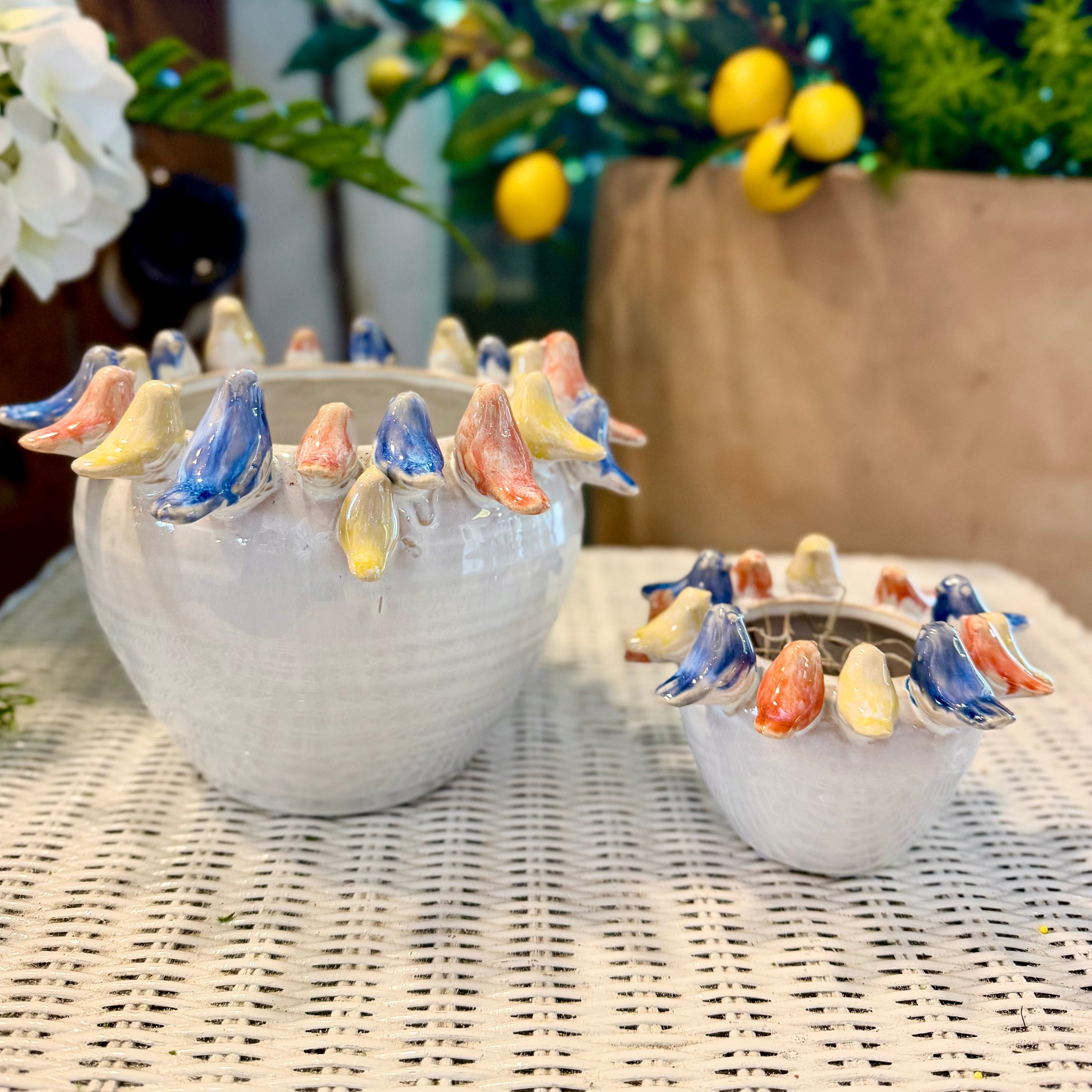 Stoneware Planter with Colorful Birds on Rim Small