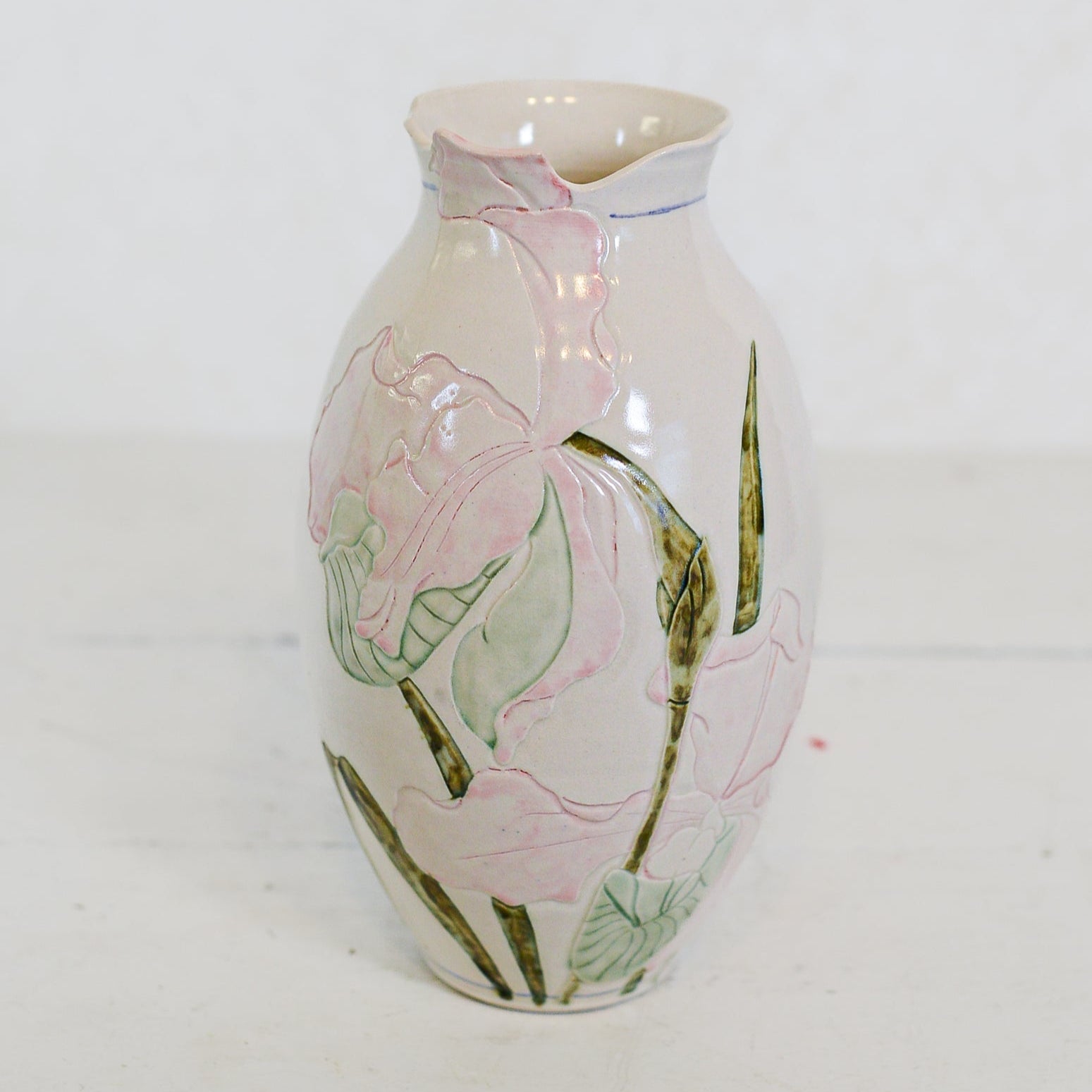 Vintage Pink Iris Handmade Painted Pottery Vase