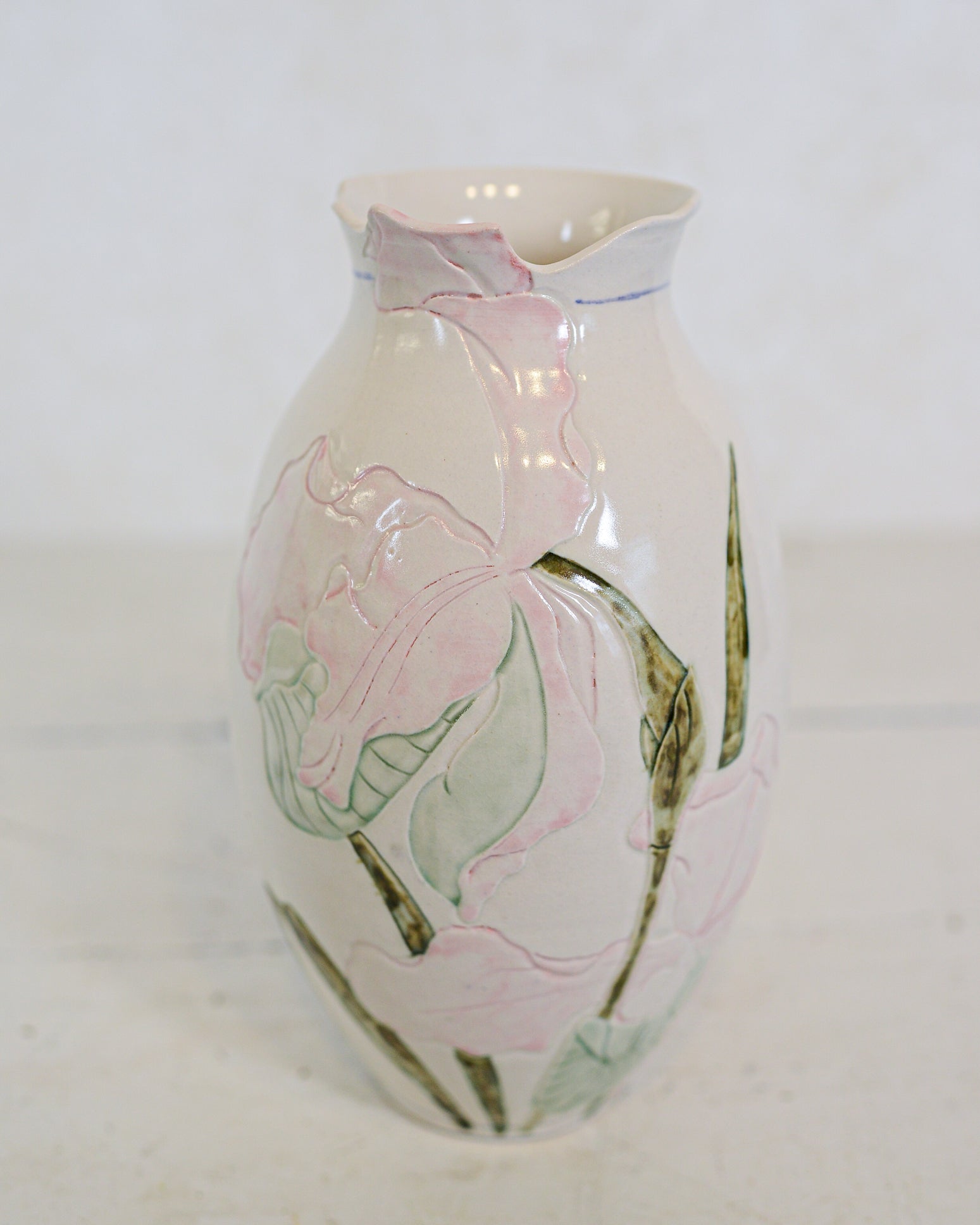 Vintage Pink Iris Handmade Painted Pottery Vase