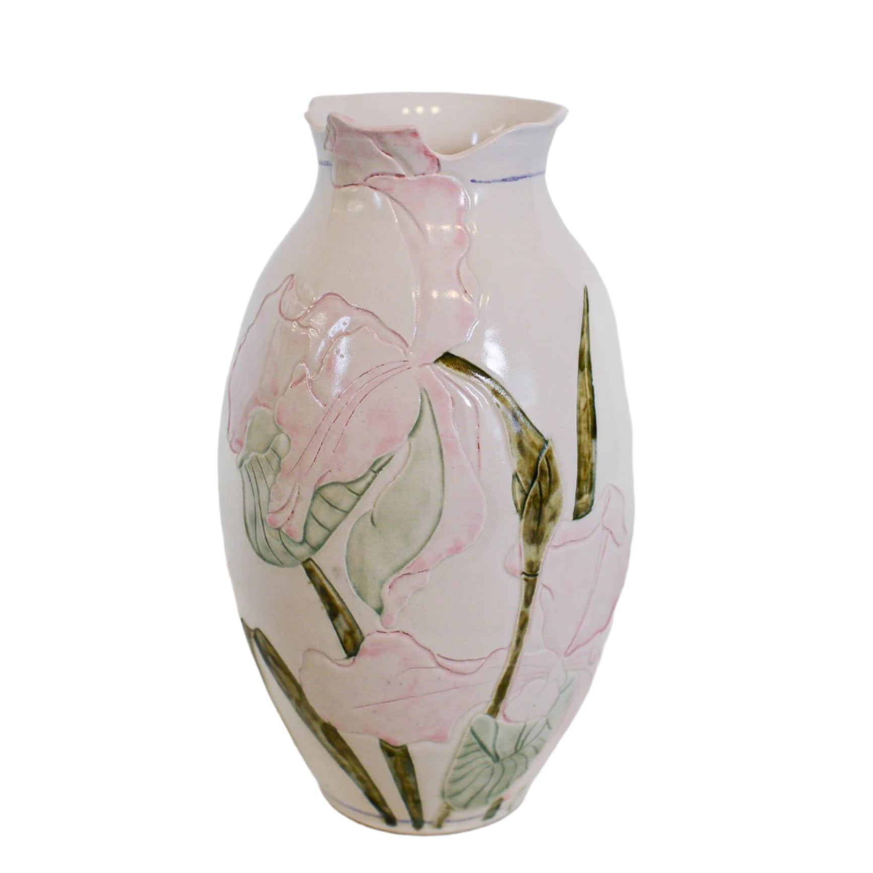 Vintage Pink Iris Handmade Painted Pottery Vase