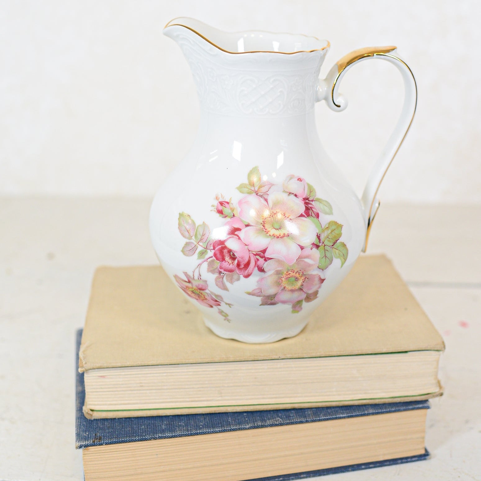 Bavaria Germany Schumann Arzberg Golden Crown Wild Rose Pitcher