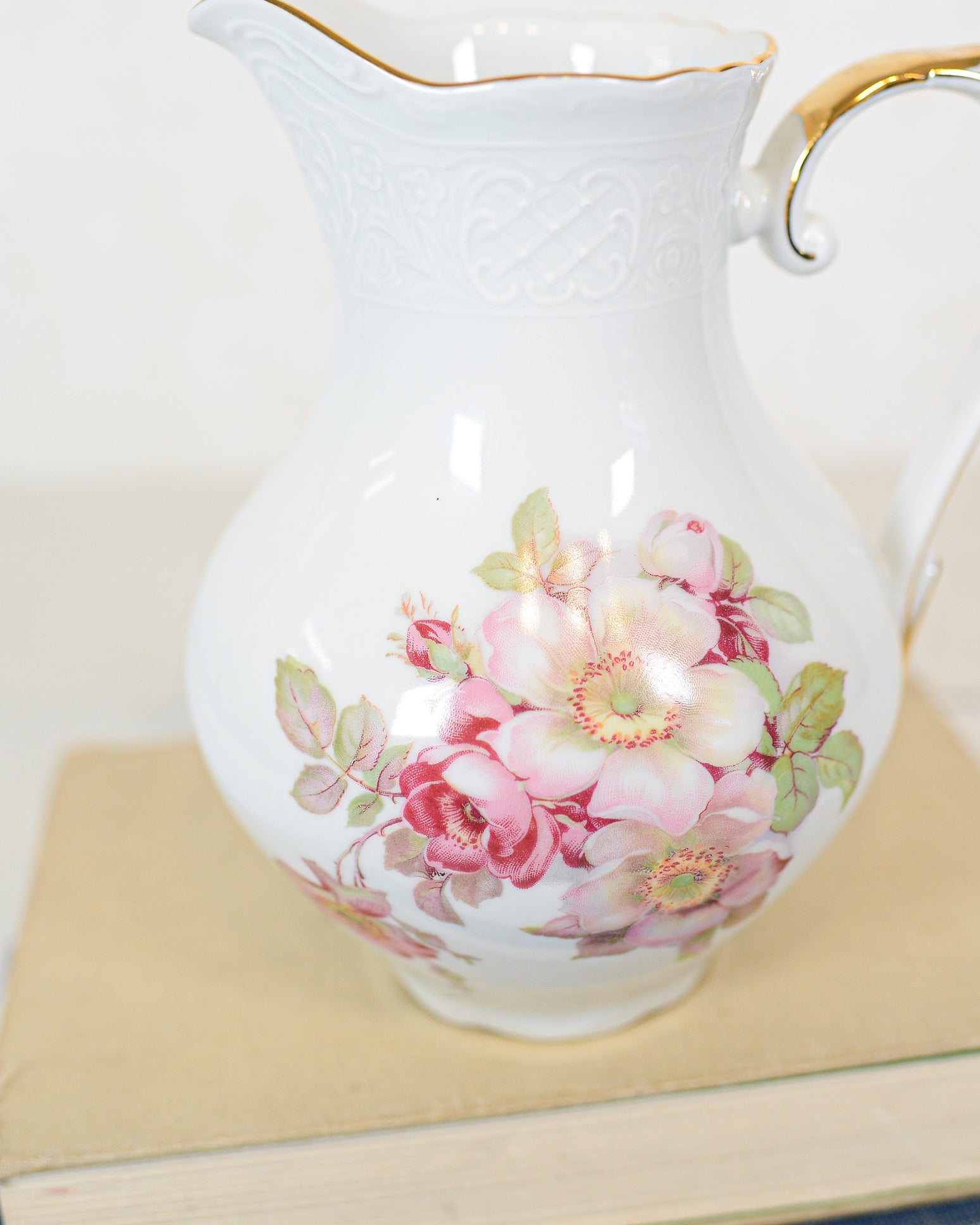 Bavaria Germany Schumann Arzberg Golden Crown Wild Rose Pitcher