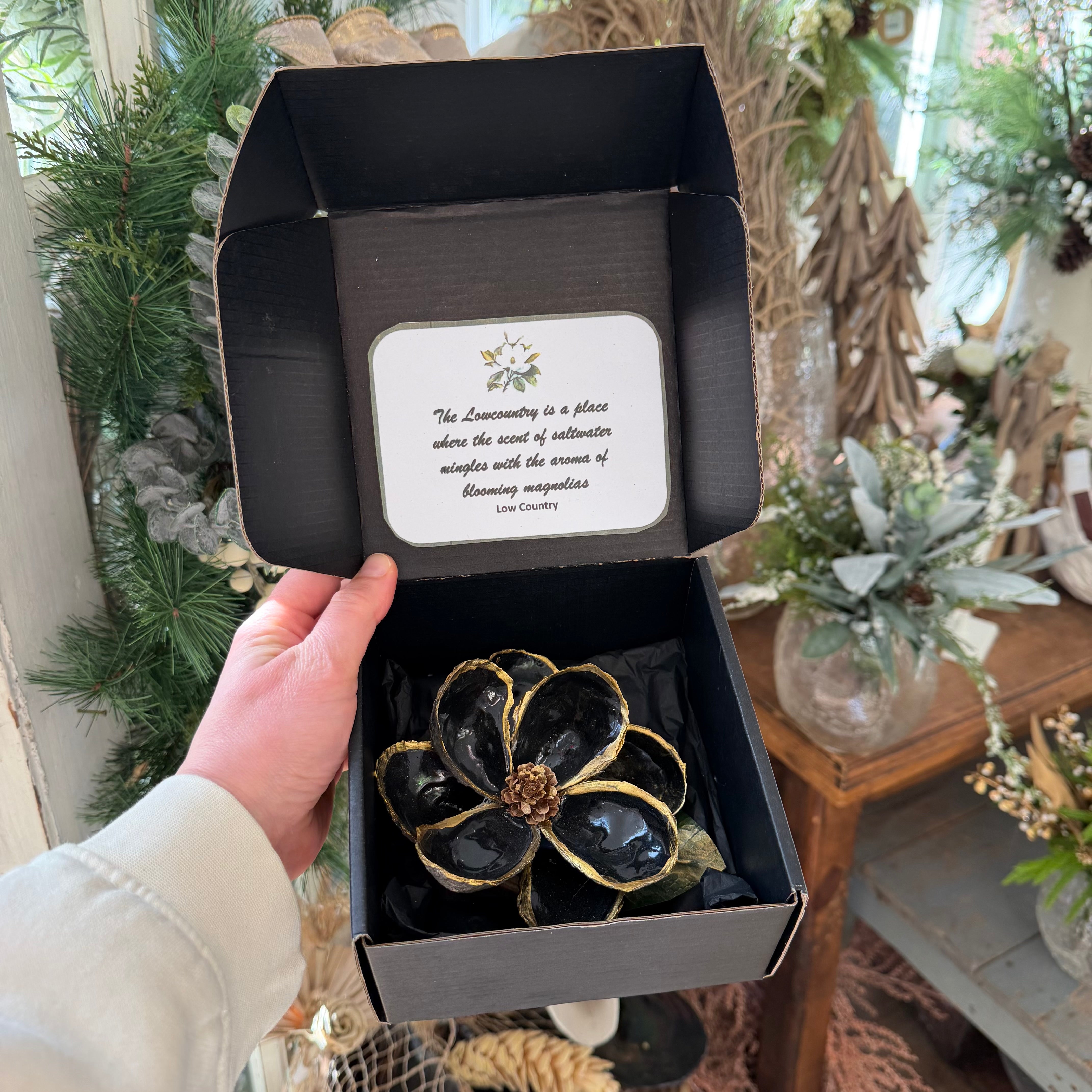 Blue Oyster Shell Magnolia Flower in Gift Box Black