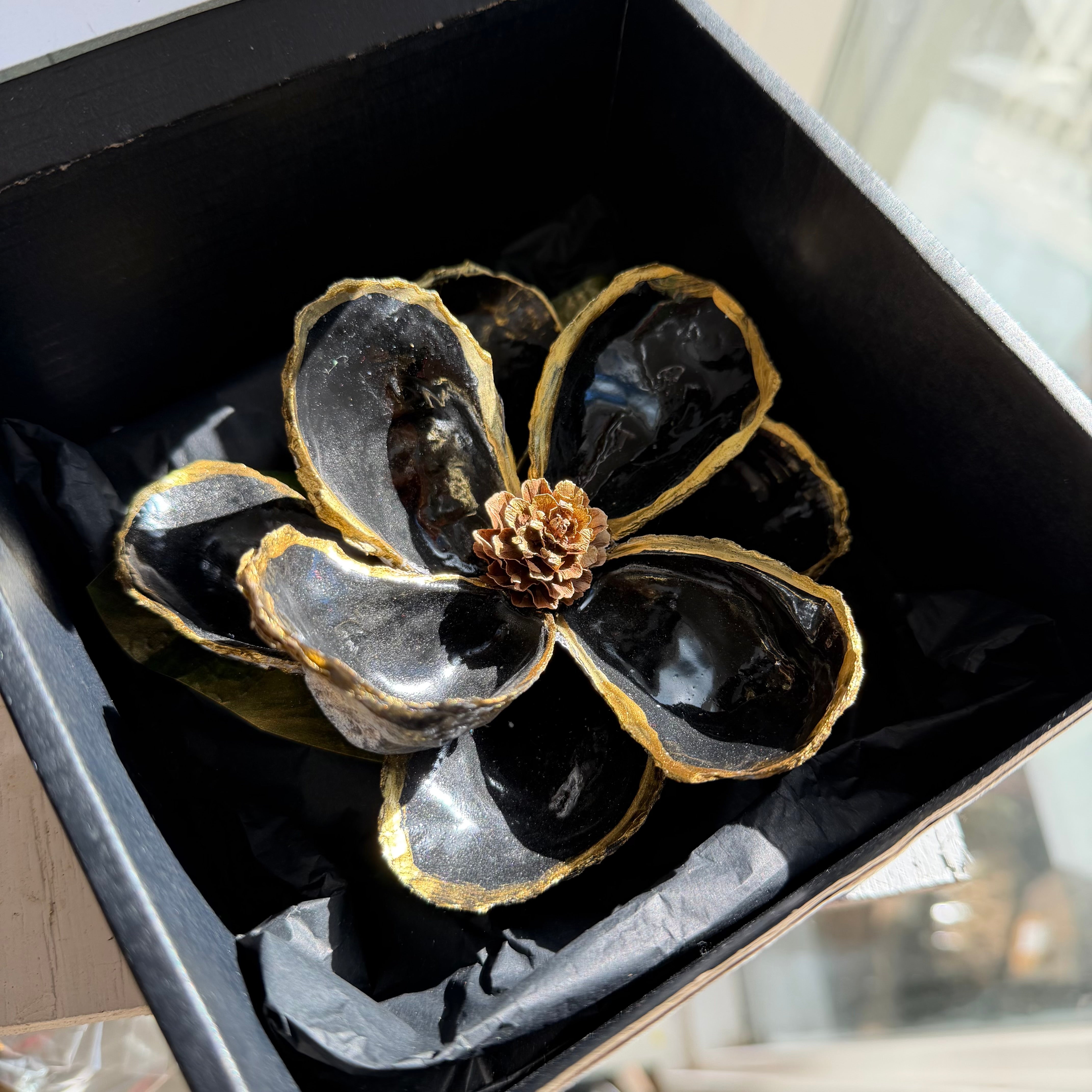 Blue Oyster Shell Magnolia Flower in Gift Box Black