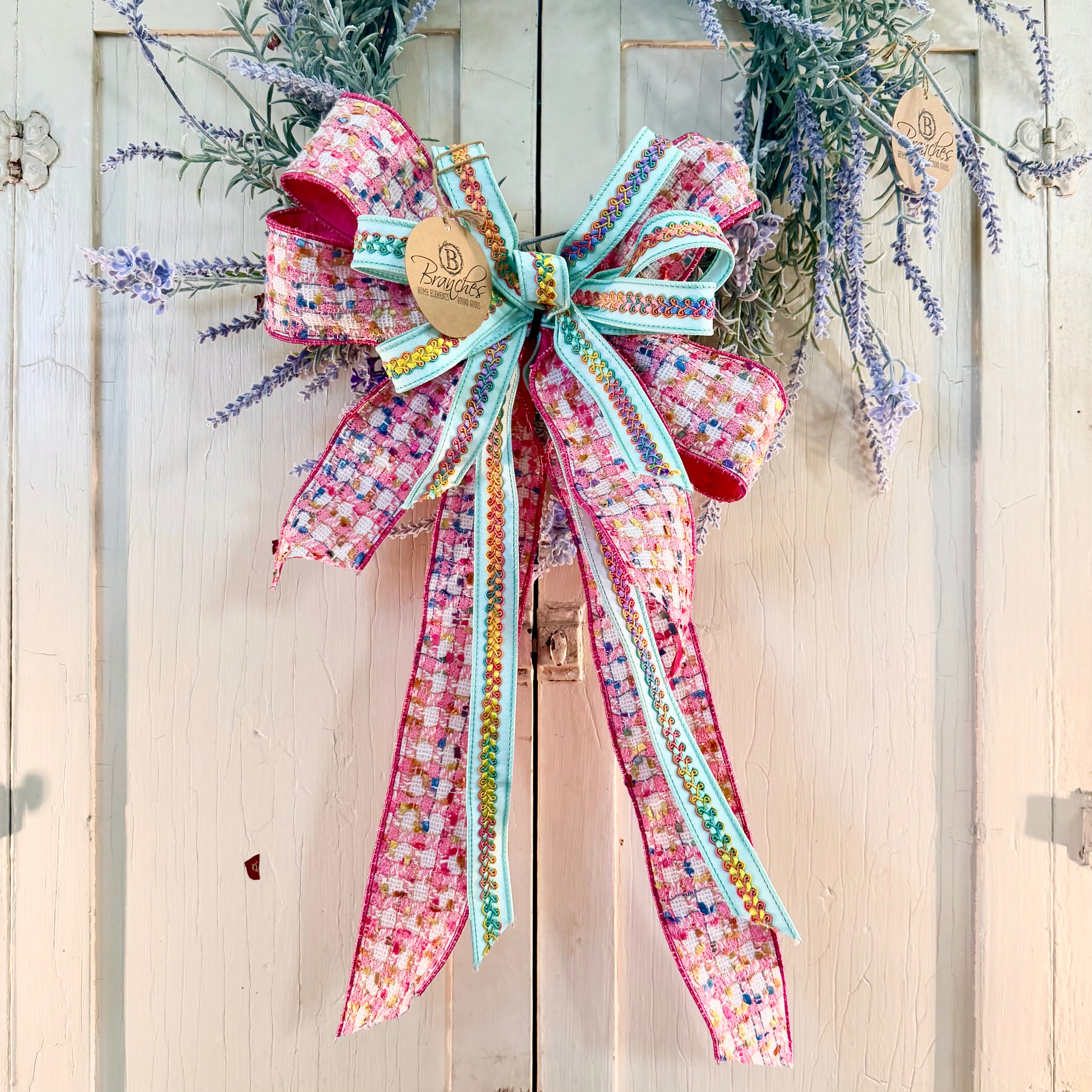 Pink & Aqua Patchwork Shine Hand-Tied Spring Ribbon Bow