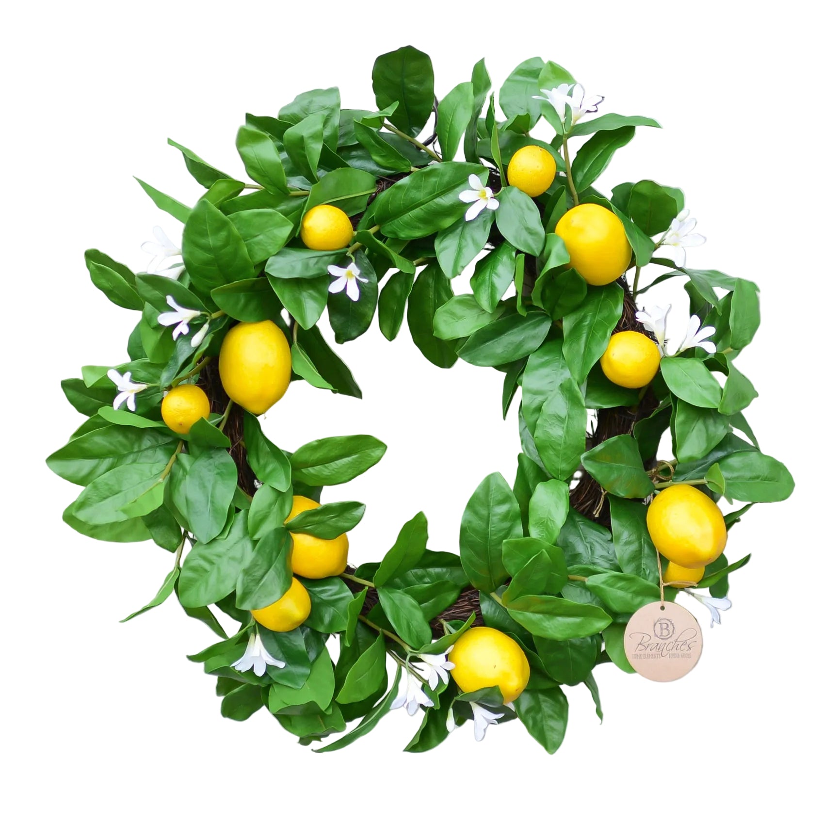 Decorative wreath with green leaves and yellow lemons on a door.