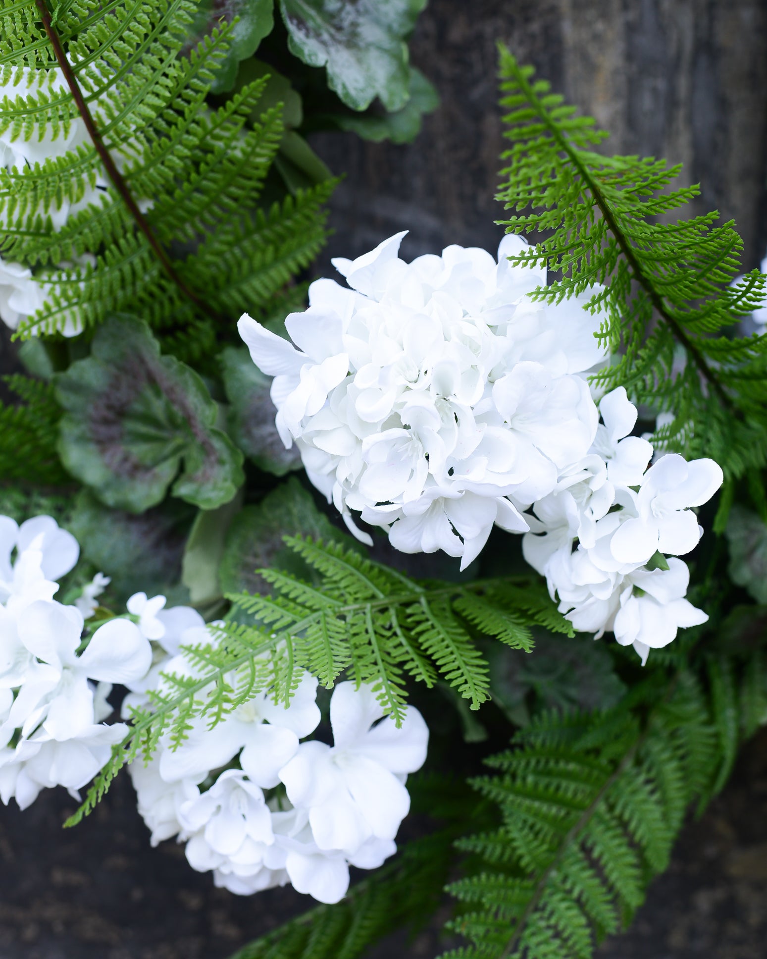 White Geranium and Fern Wreath