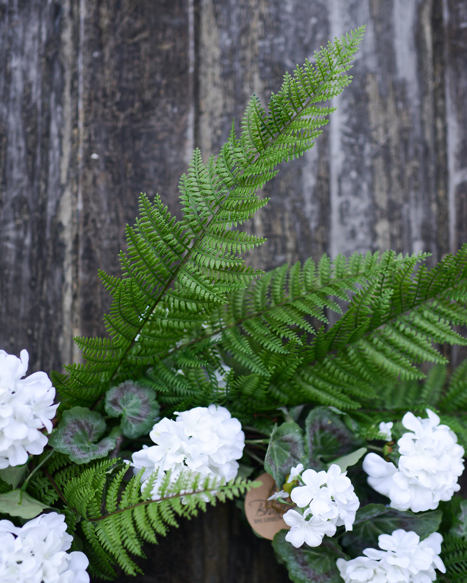 White Geranium and Fern Wreath