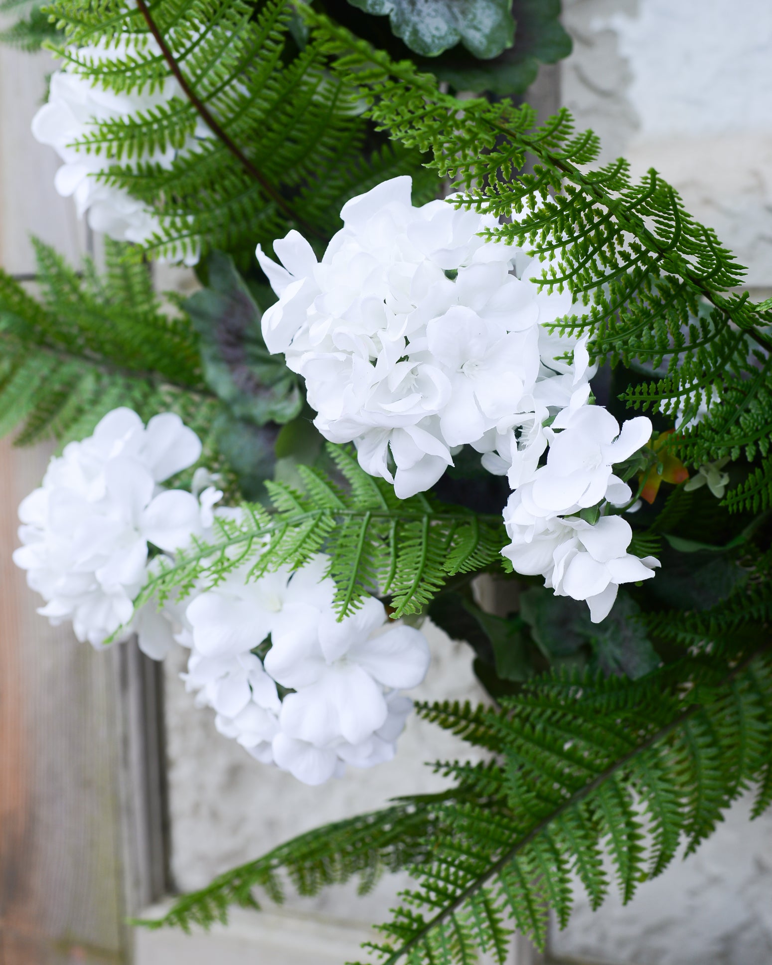 White Geranium and Fern Wreath