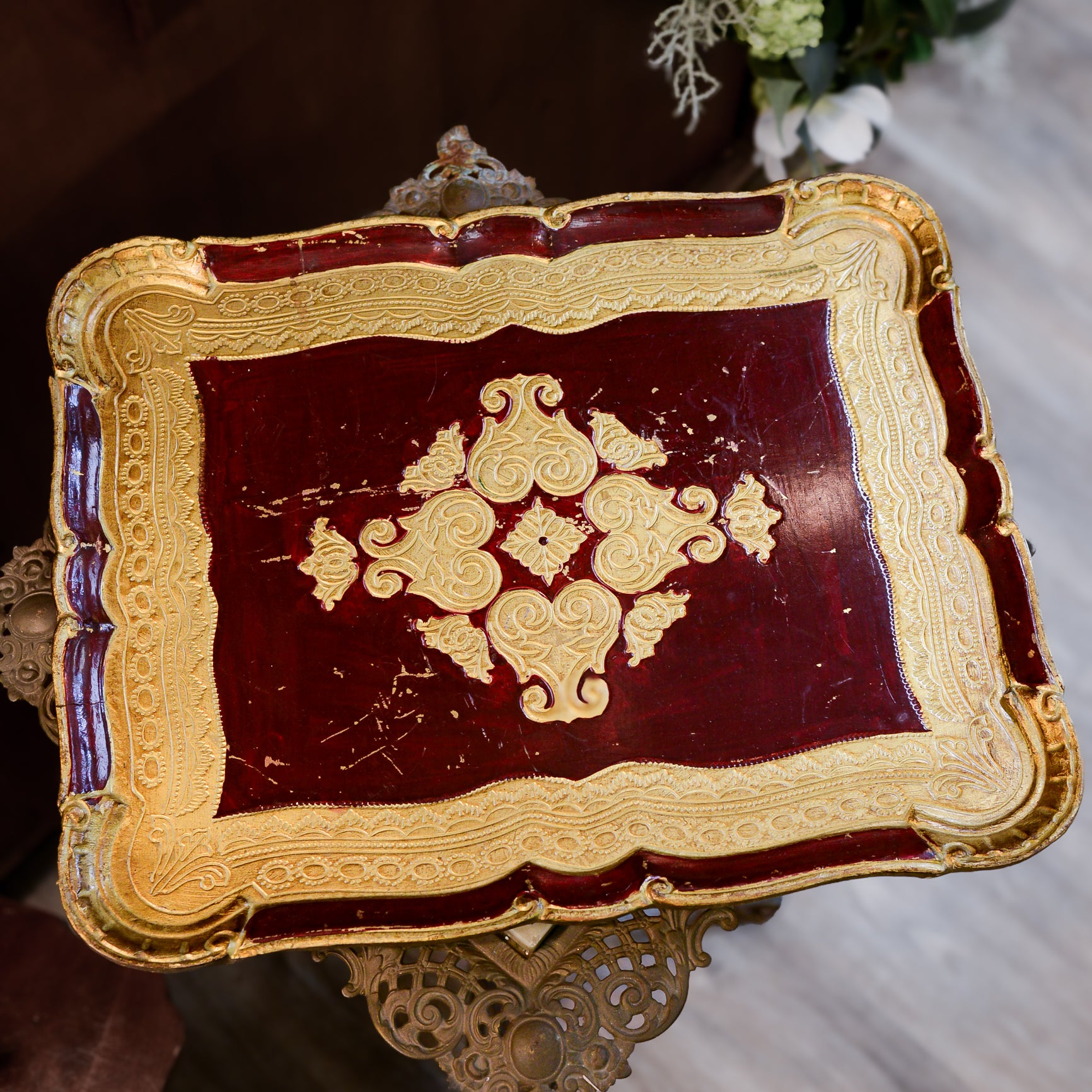 Vintage Italian Florentine Merlot and Gold Large Tray