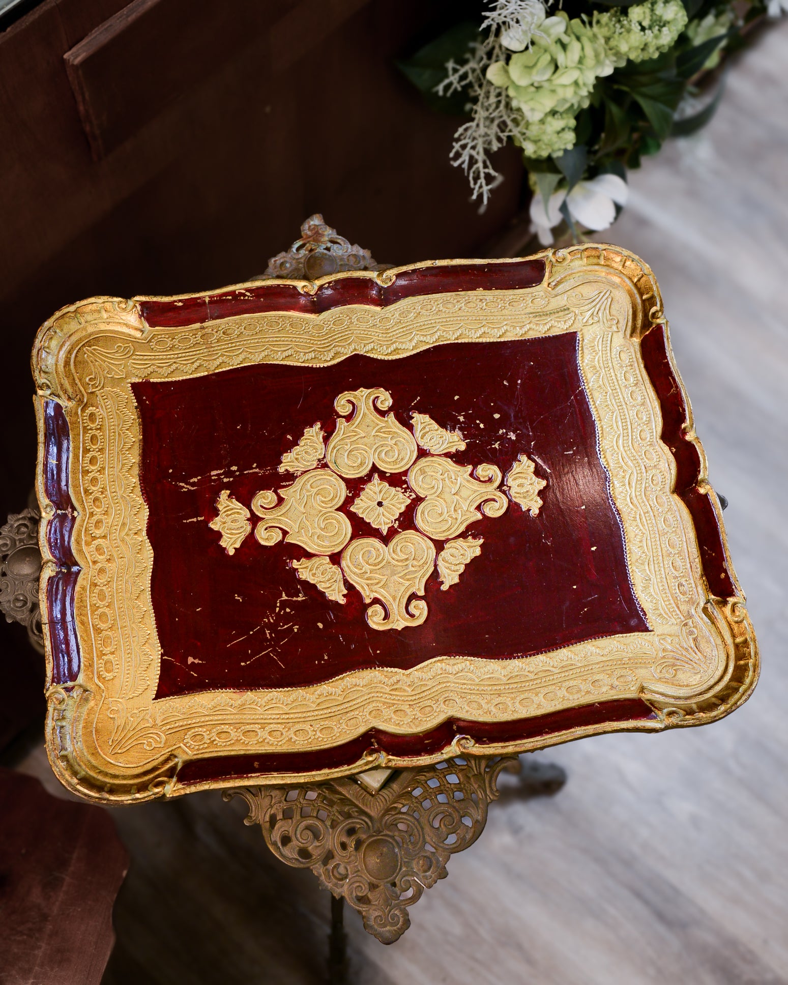 Vintage Italian Florentine Merlot and Gold Large Tray