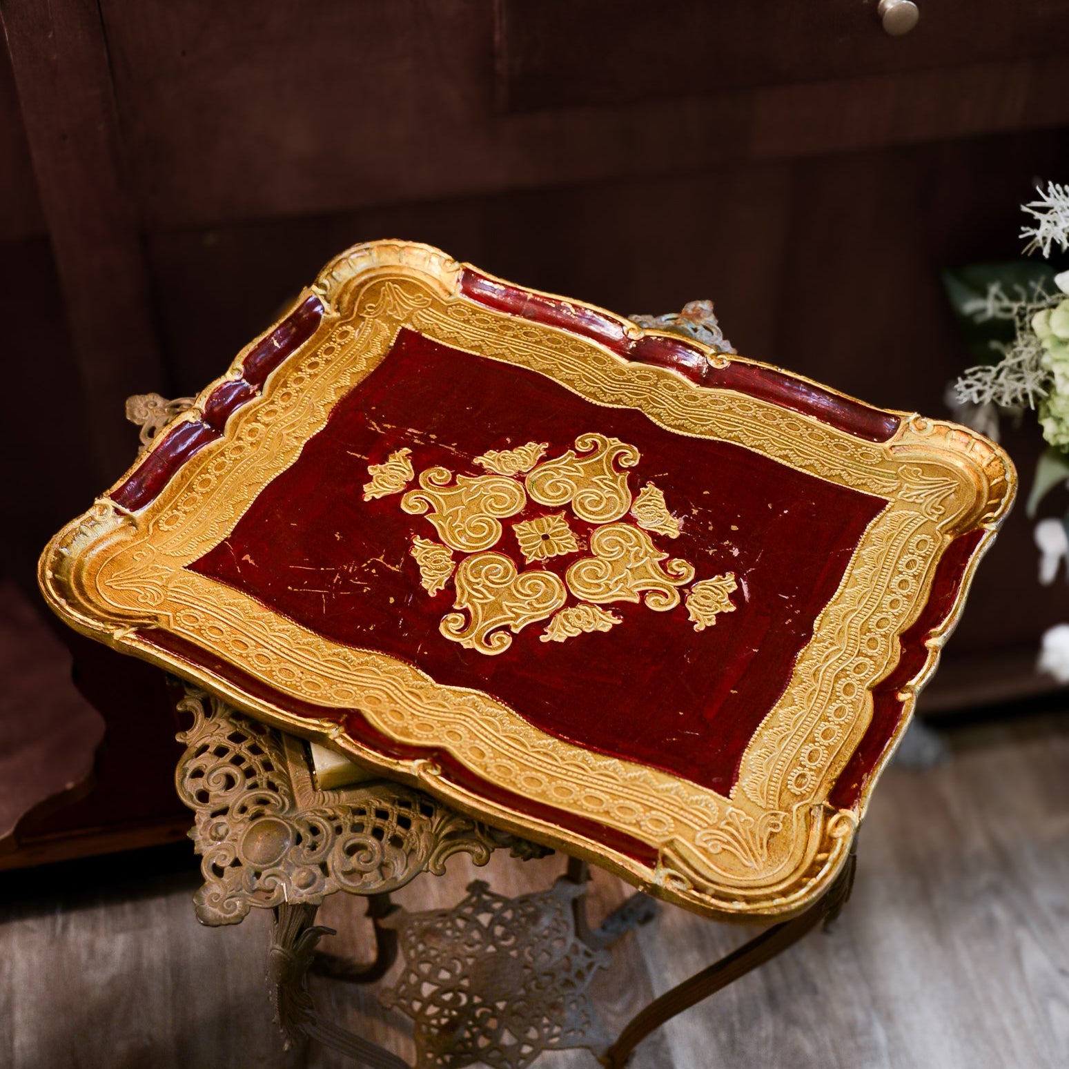 Vintage Italian Florentine Merlot and Gold Large Tray
