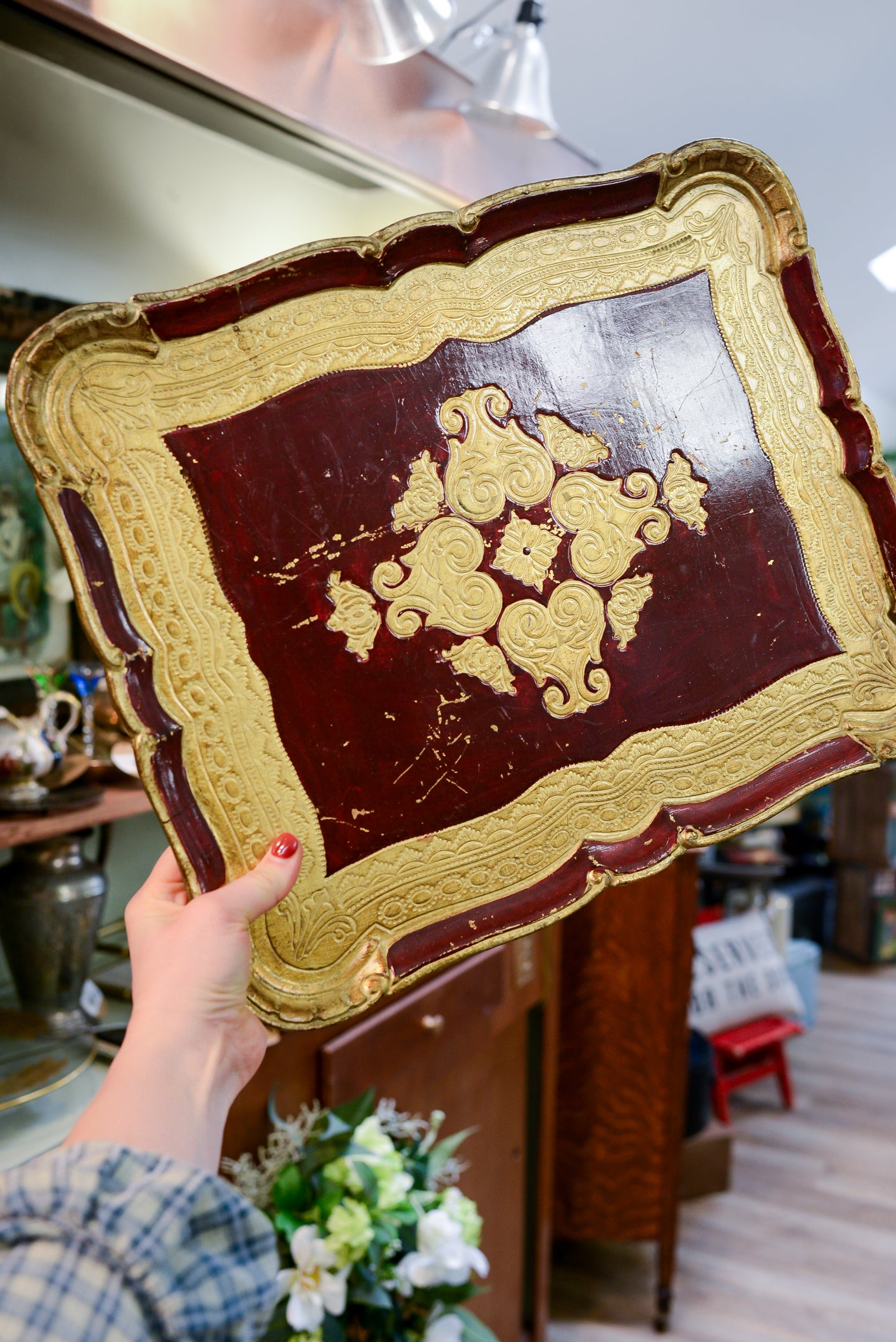 Vintage Italian Florentine Merlot and Gold Large Tray