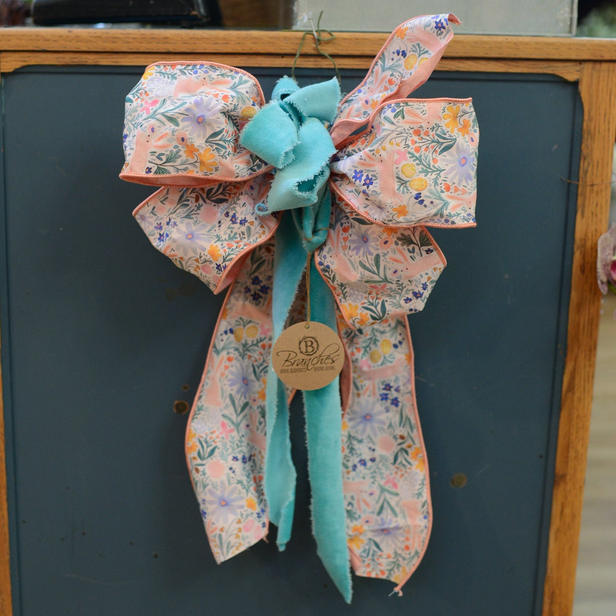 Pink & Teal Velvet Ribbon Spring Bunny Hand-Tied Bow