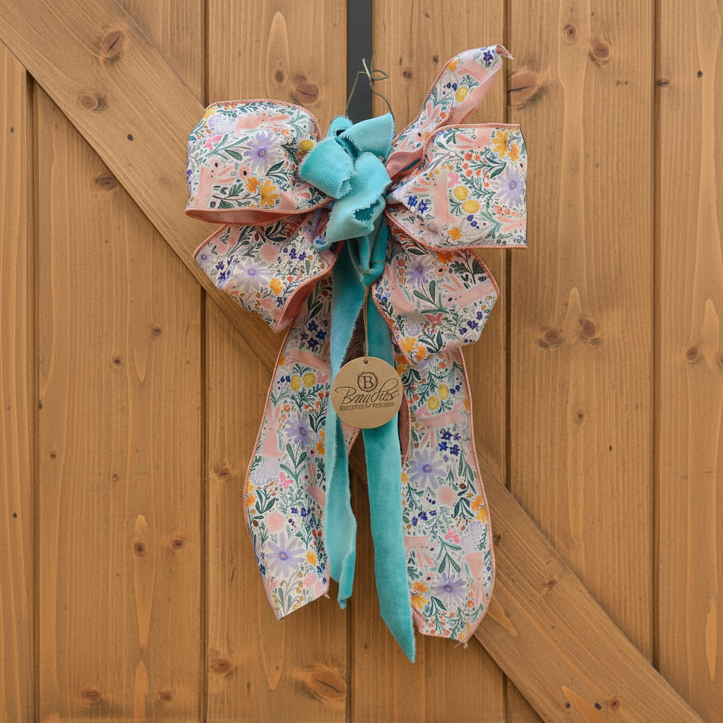 Pink & Teal Velvet Ribbon Spring Bunny Hand-Tied Bow