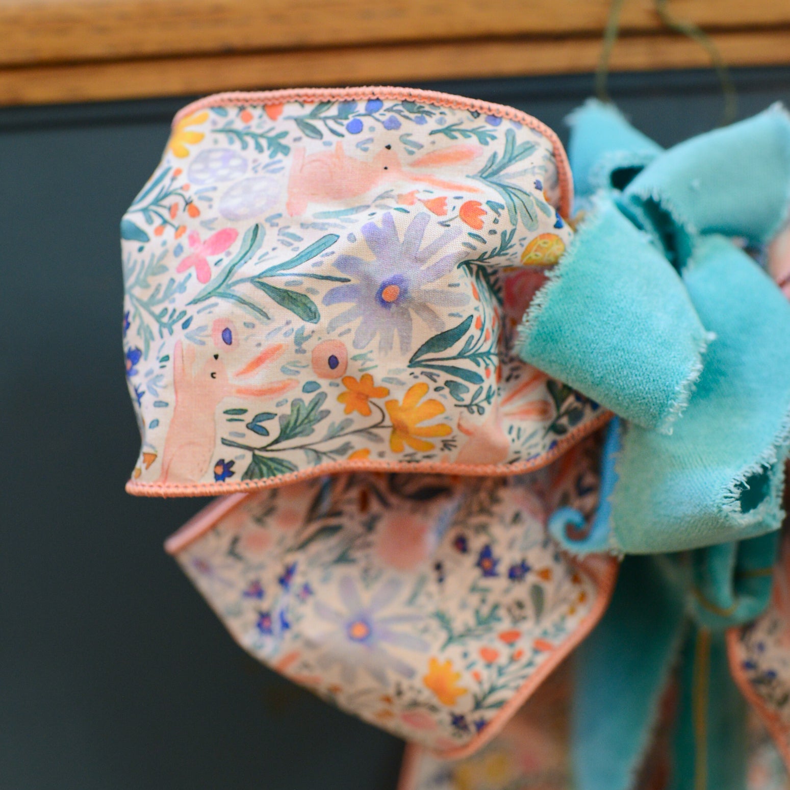 Pink & Teal Velvet Ribbon Spring Bunny Hand-Tied Bow