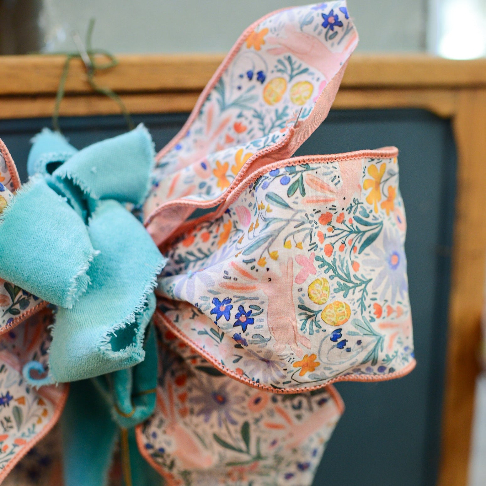 Pink & Teal Velvet Ribbon Spring Bunny Hand-Tied Bow