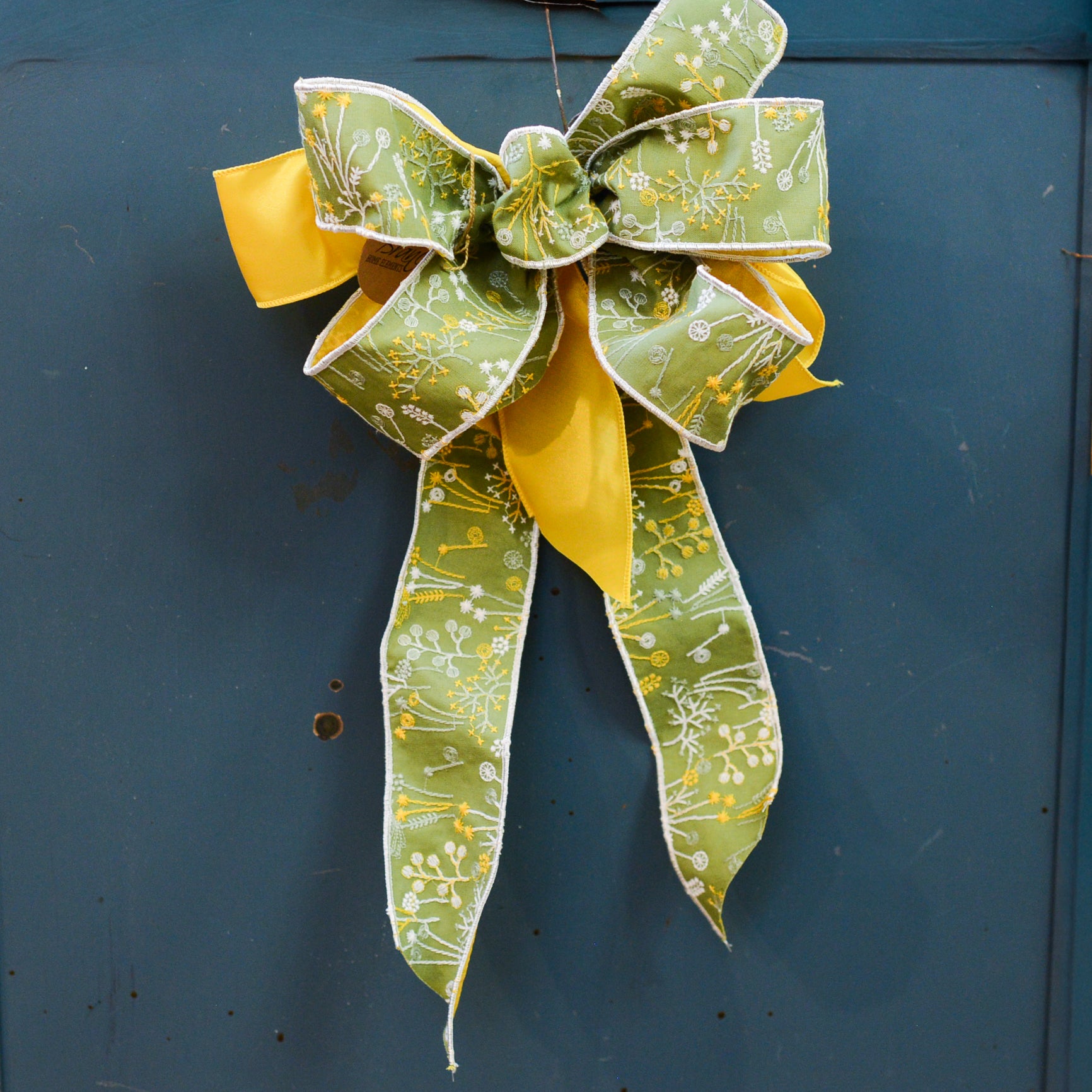 Sage Green Dandelion Floral Embroidered & Yellow Spring Hand-Tied Bow
