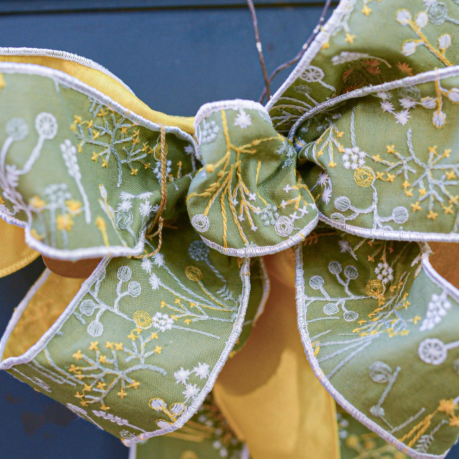 Sage Green Dandelion Floral Embroidered & Yellow Spring Hand-Tied Bow