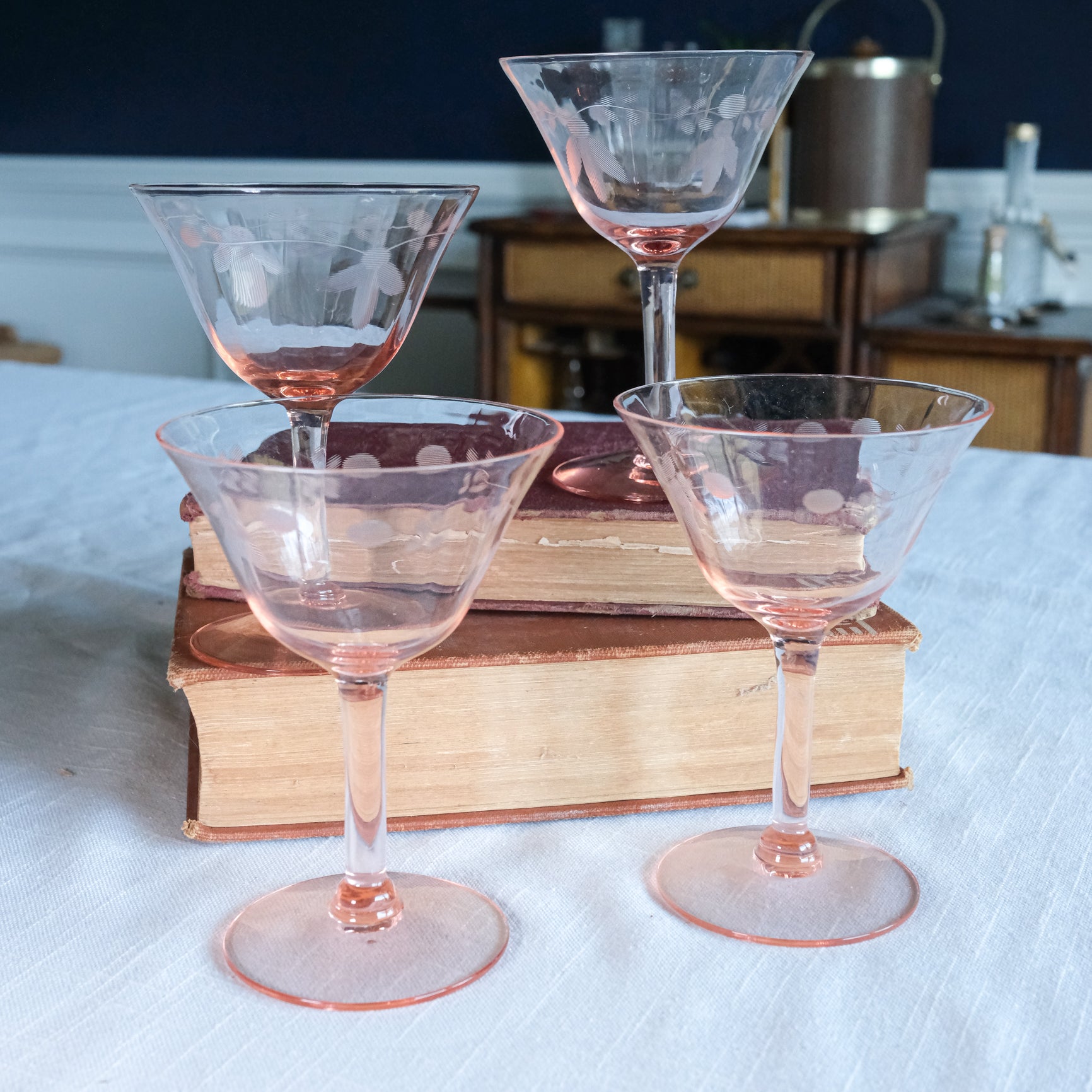 Pink Depression Era Pink Etched Stemware Cocktail Glassware Set of 4