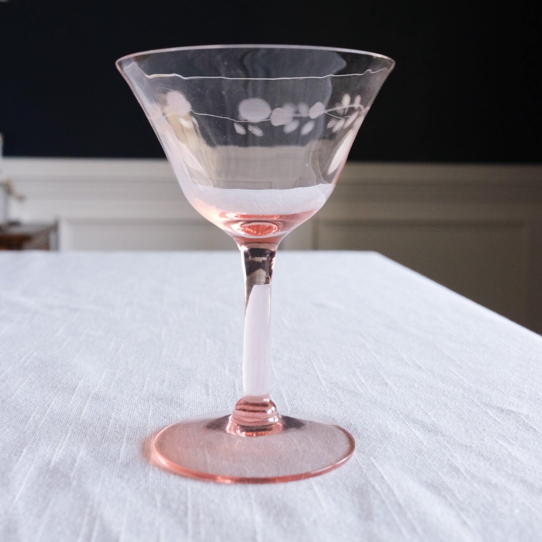 Pink Depression Era Pink Etched Stemware Cocktail Glassware Set of 4