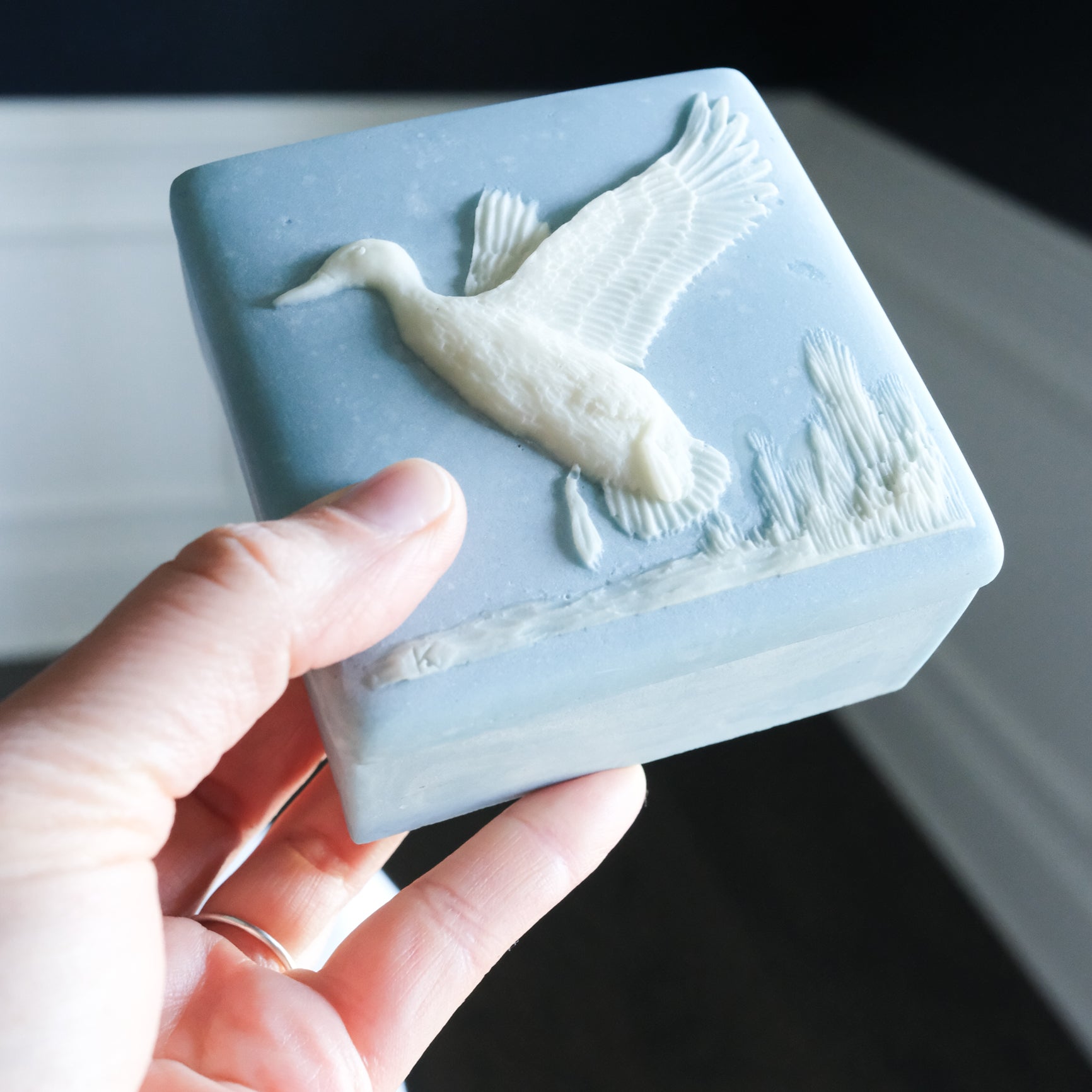 Vintage Incolay Duck in Marsh Square Carved Soapstone Blue and White Trinket Jewelry Box