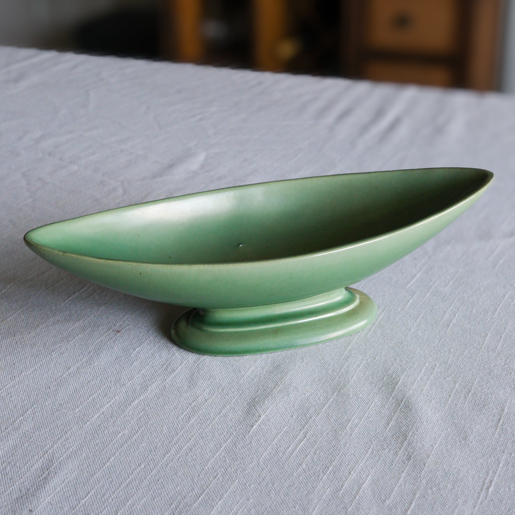Mid Century Modern Red Wing Pottery Jade Green Stoneware Elongated Pedestal Serving Dish