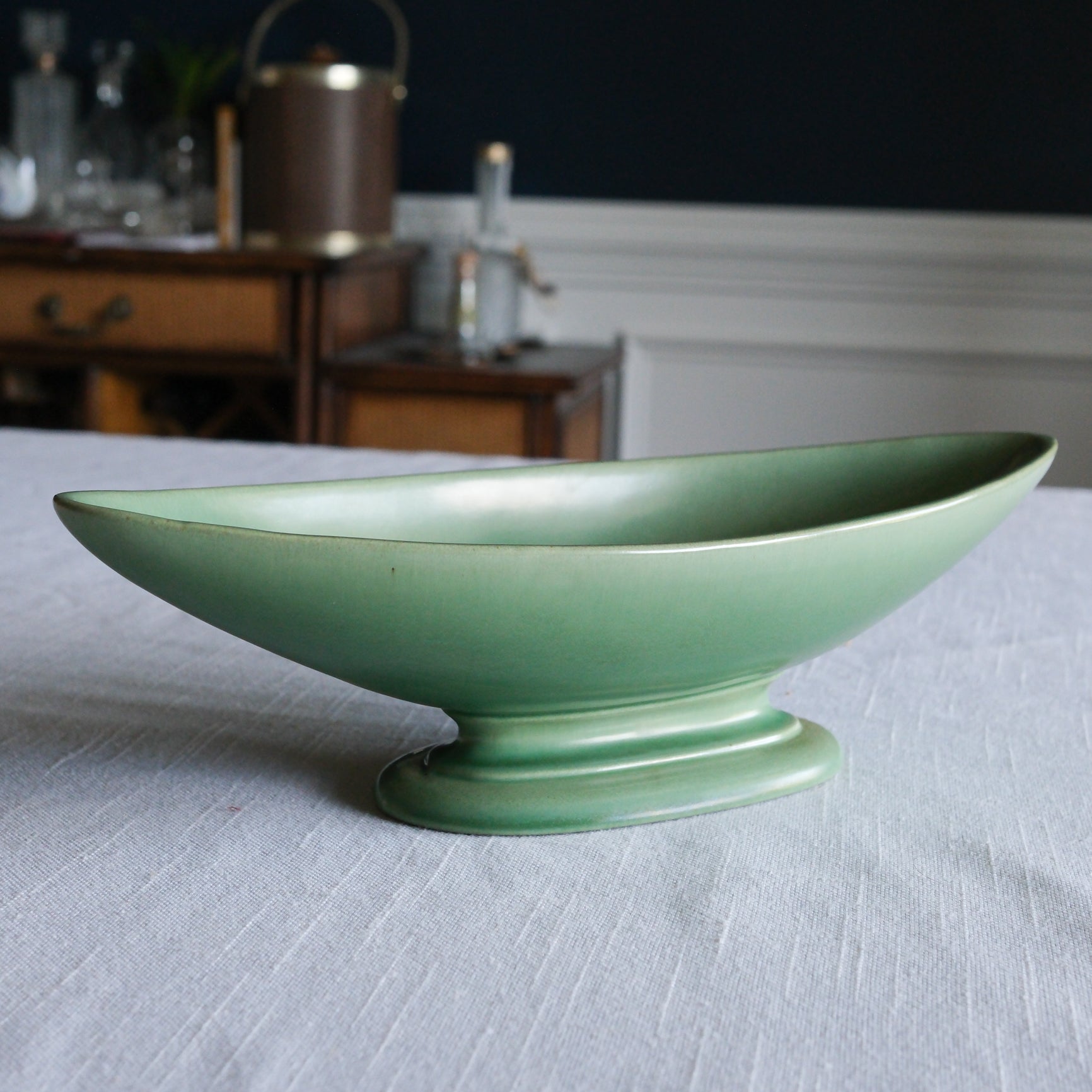 Mid Century Modern Red Wing Pottery Jade Green Stoneware Elongated Pedestal Serving Dish