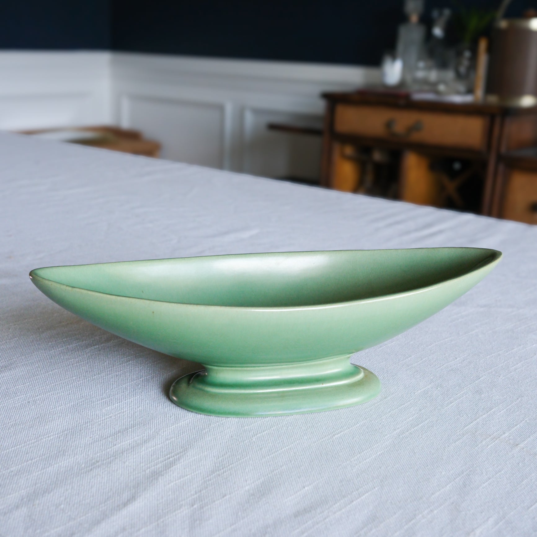 Mid Century Modern Red Wing Pottery Jade Green Stoneware Elongated Pedestal Serving Dish