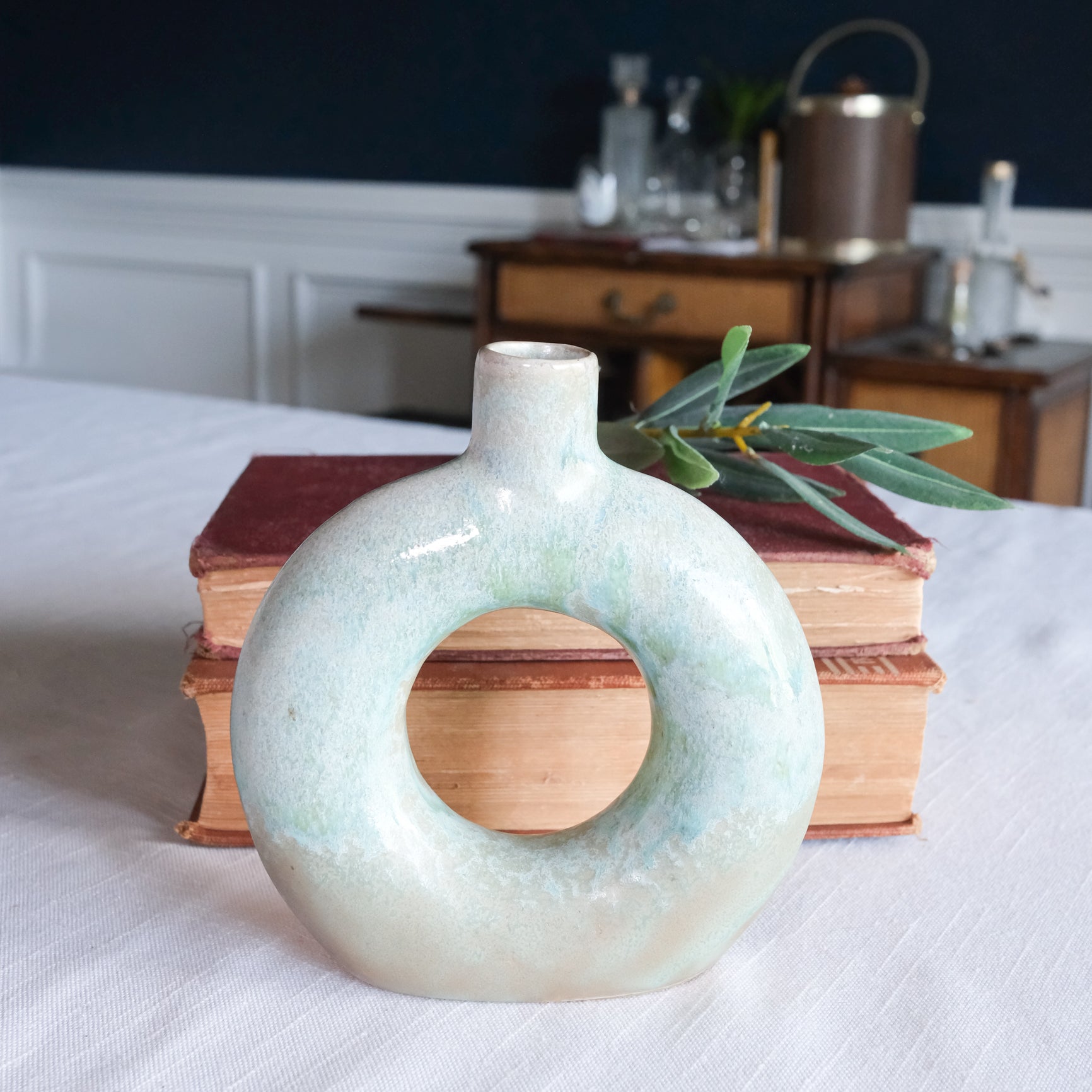 Opal Reactive Glaze Stoneware Round Cutout Case Seaglass Blue Green