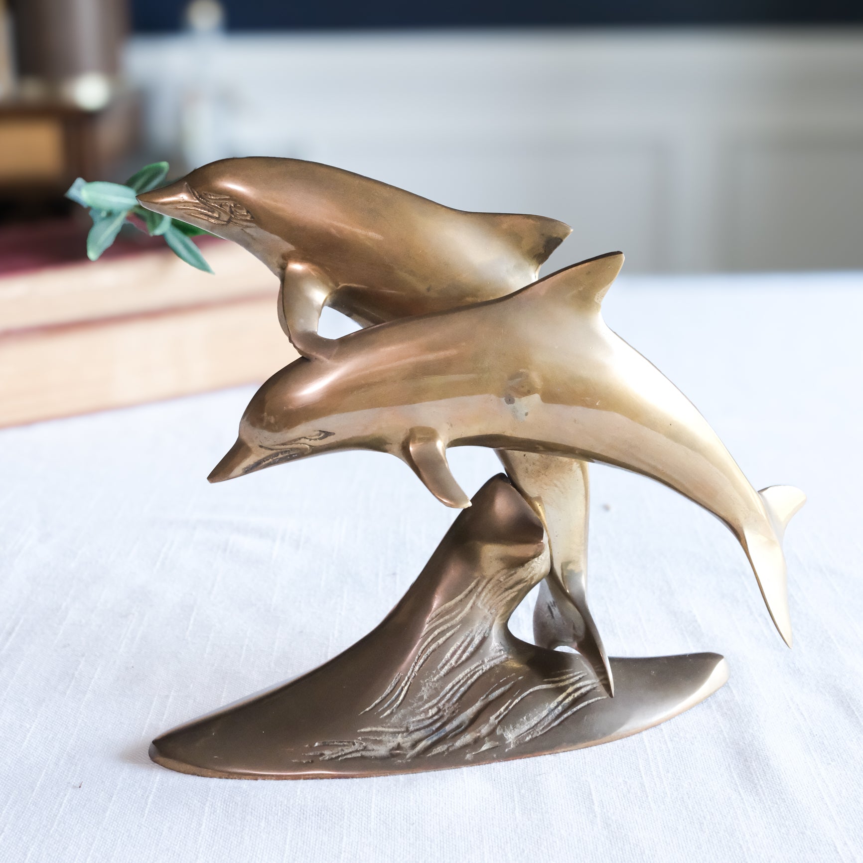 Vintage Mid Century Modern Large Brass Pair of Jumping Dolphins