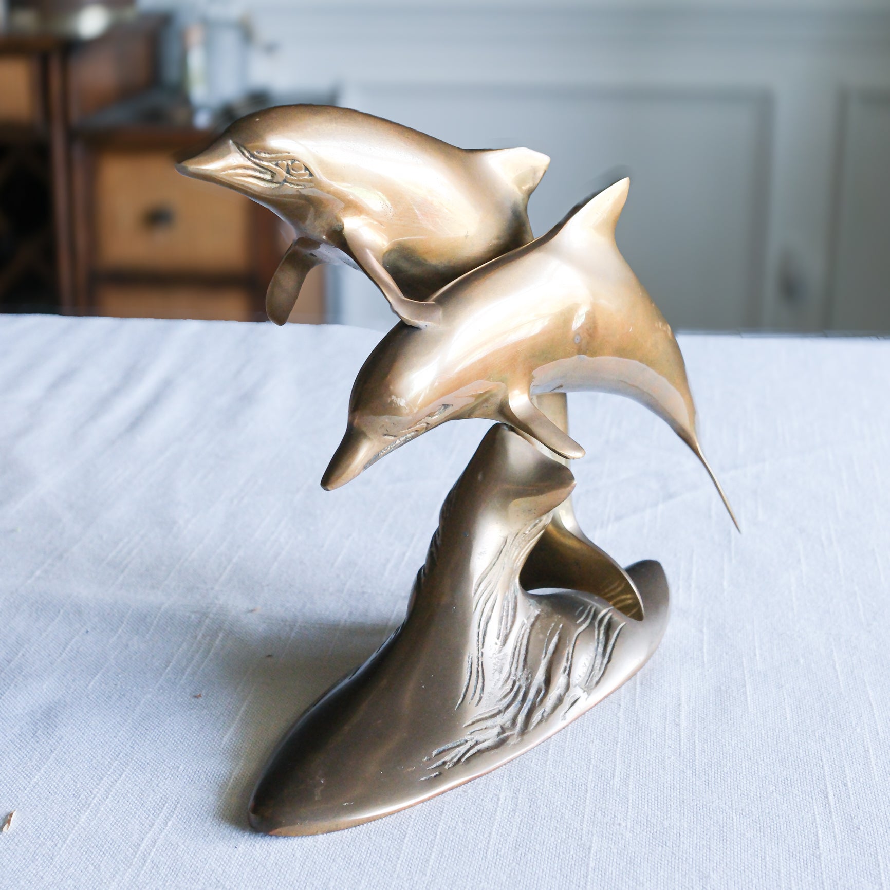 Vintage Mid Century Modern Large Brass Pair of Jumping Dolphins