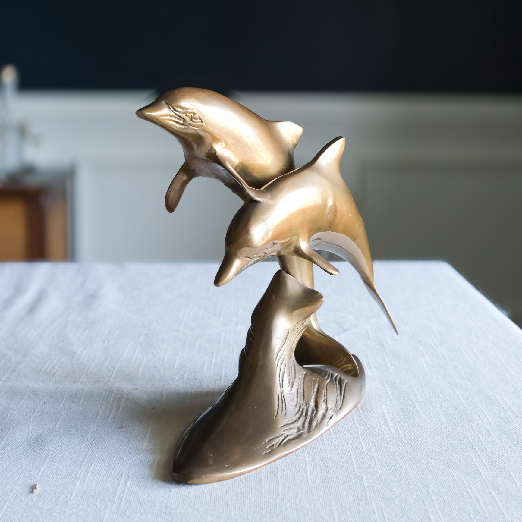 Vintage Mid Century Modern Large Brass Pair of Jumping Dolphins