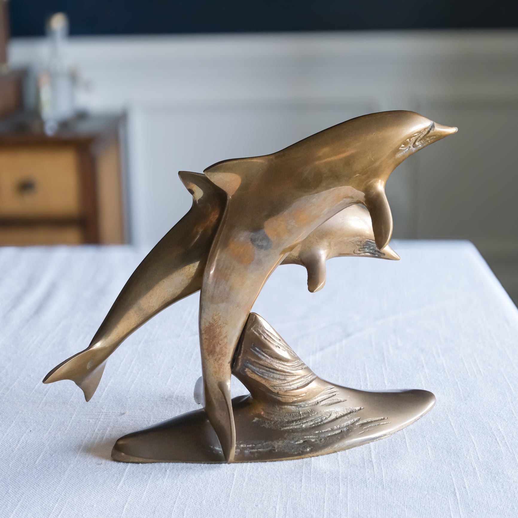 Vintage Mid Century Modern Large Brass Pair of Jumping Dolphins