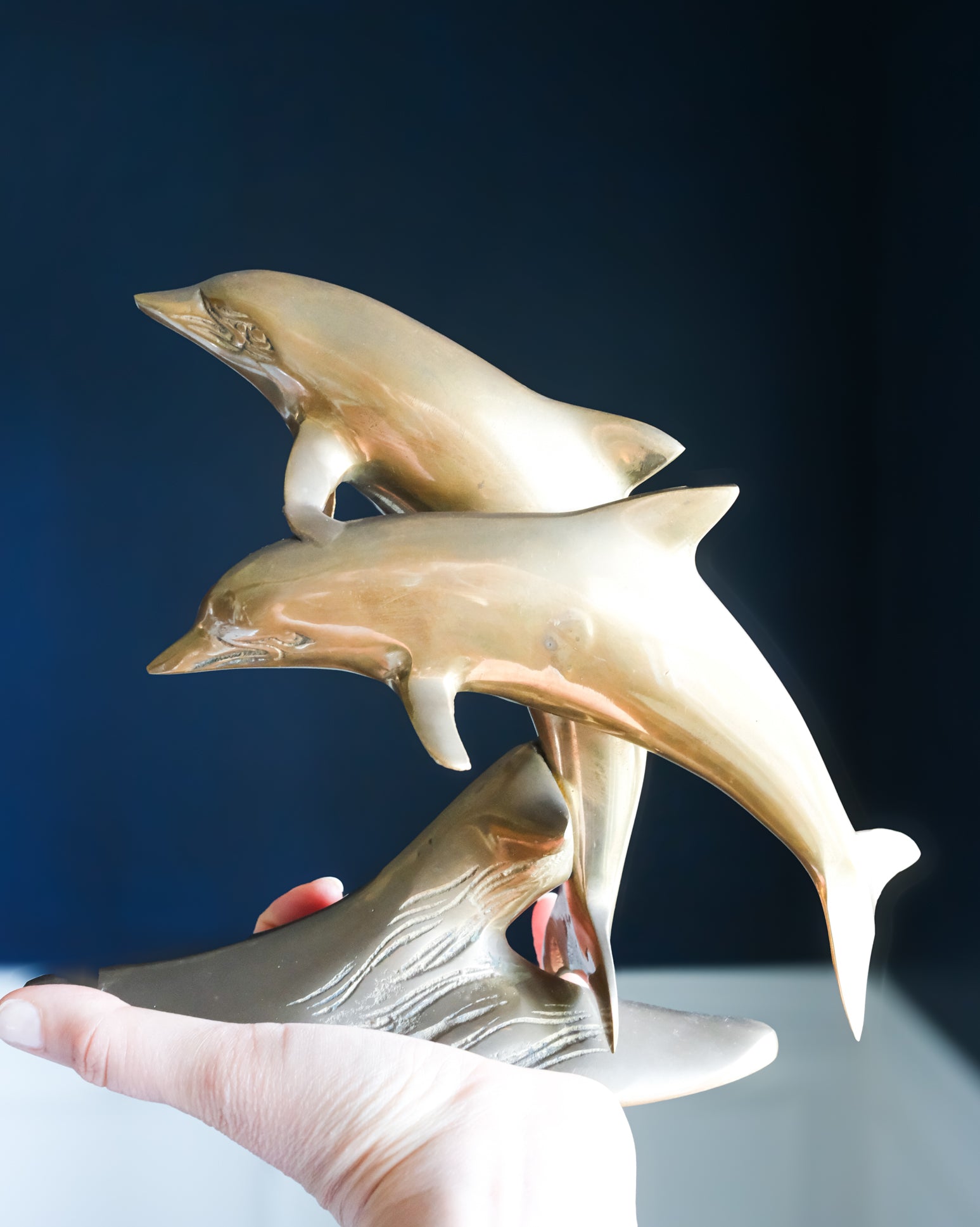 Vintage Mid Century Modern Large Brass Pair of Jumping Dolphins