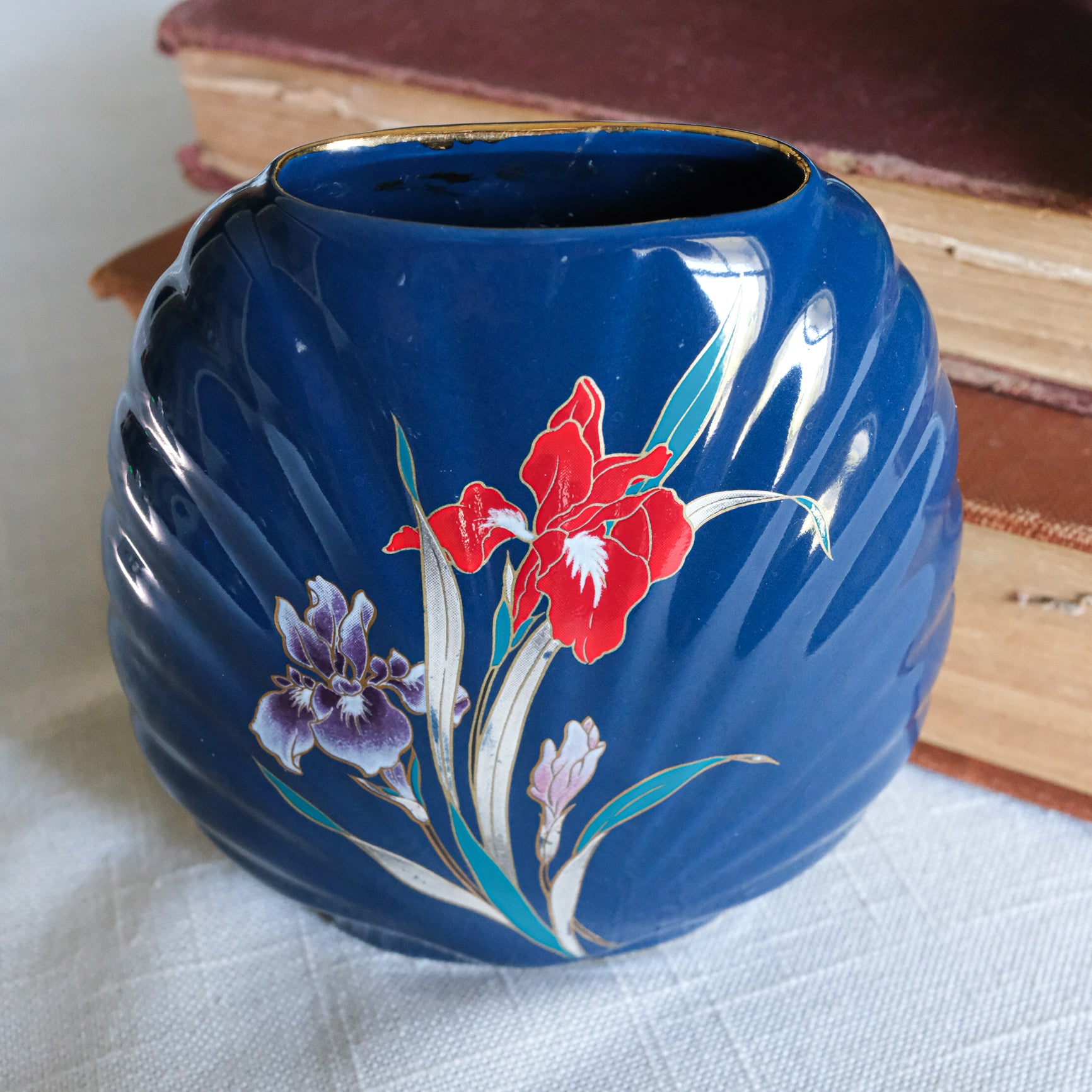 Vintage Colbalt Fine China Japan Scalloped Fan Shape Red Purple Floral Iris Petite Vase