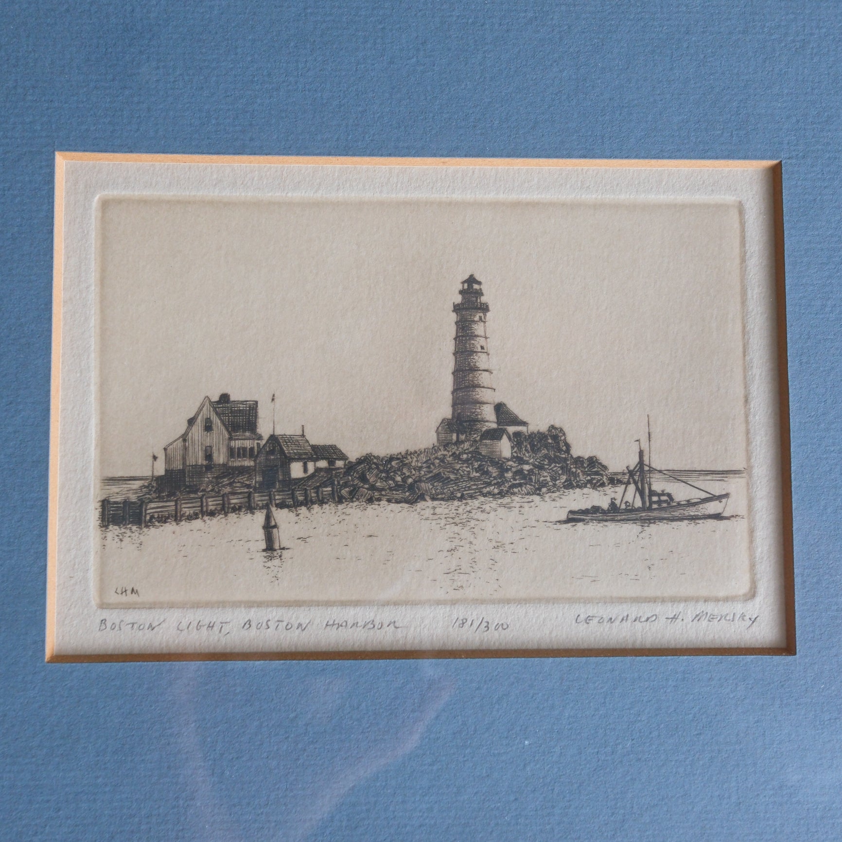 Vintage Matted Lighthouse Black and White Etching Print by Leonard H. Mersky Blue and Gold