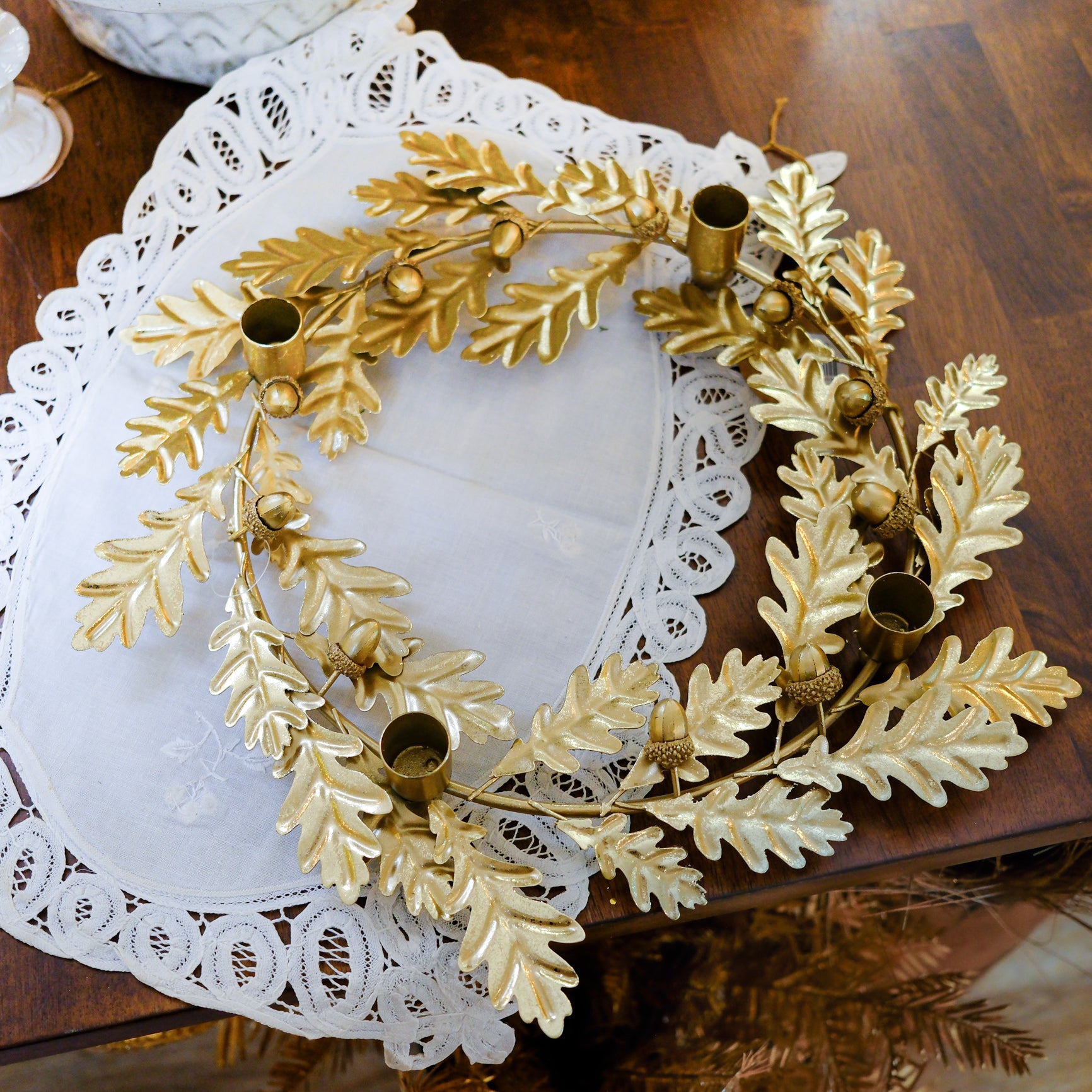 Oak Candle Wreath Metal Gold Finish