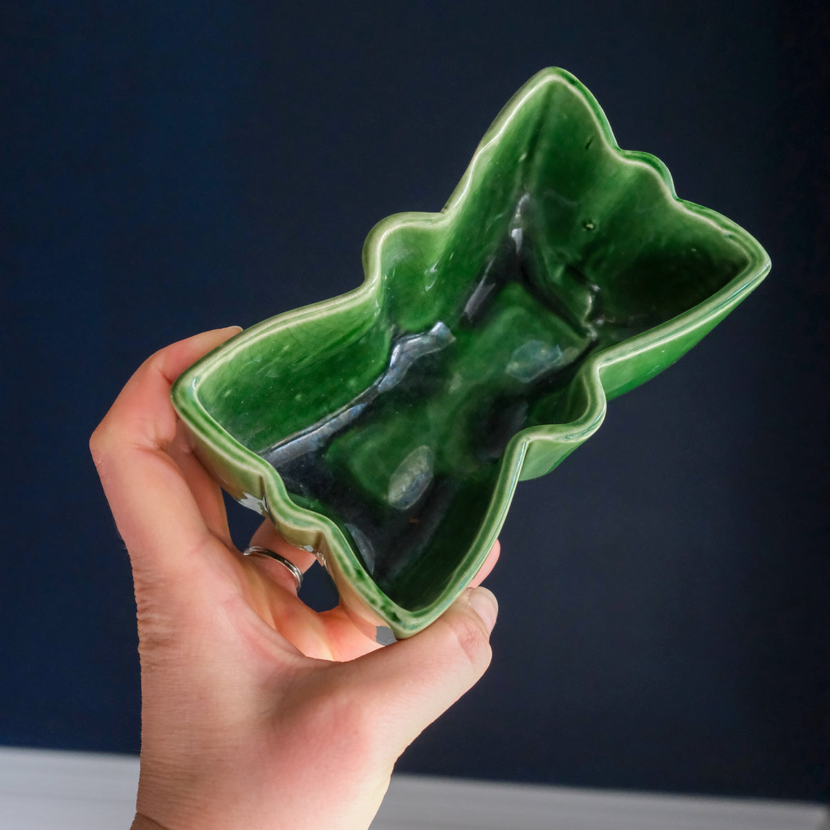 Vintage 1950s UPCO Pine Forest Green Petite Glazed Ceramic Planter Butterfly Shape