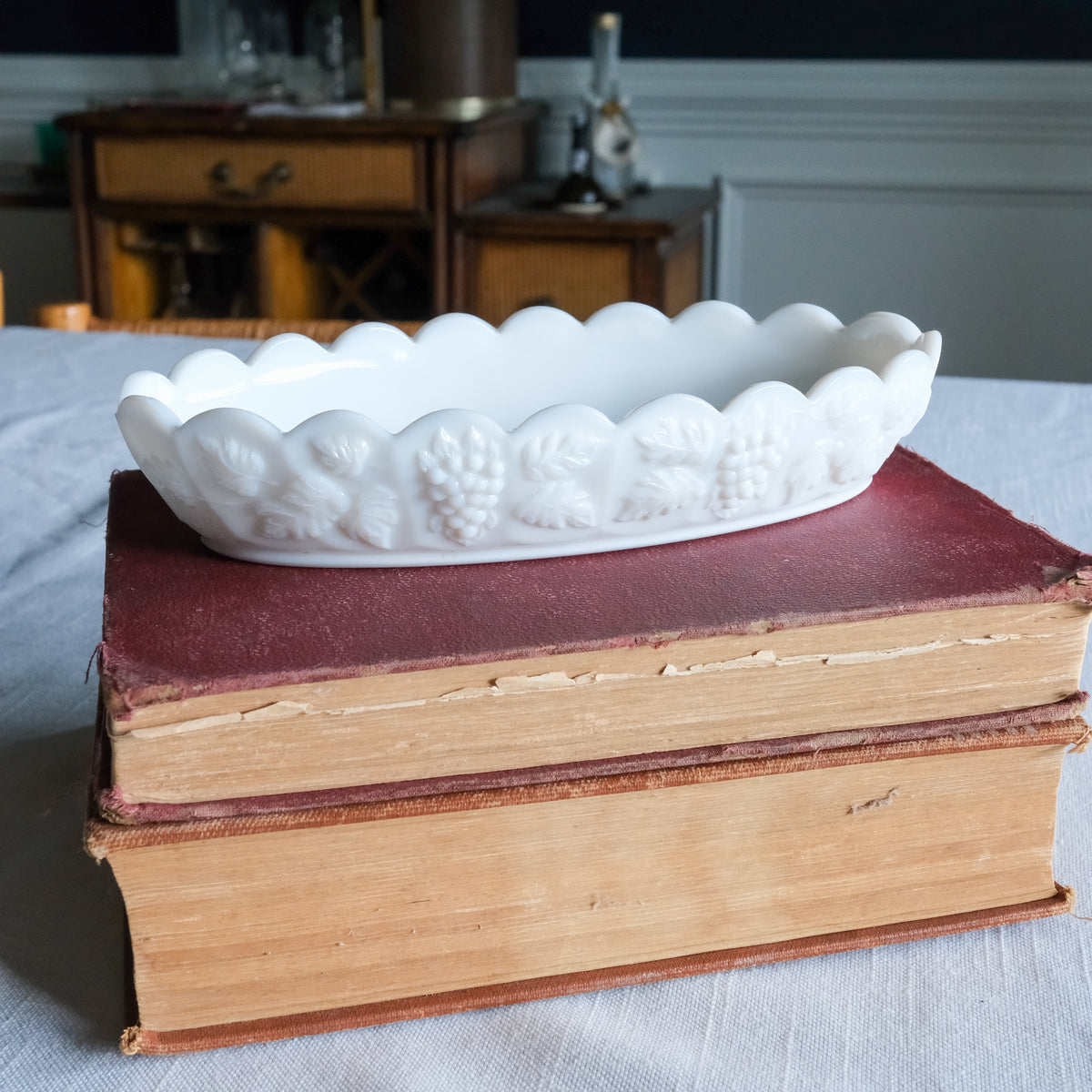 Vintage Westmoreland Milk Glass Oval Dish Embossed Grape & Leaf Pattern Scalloped Rim