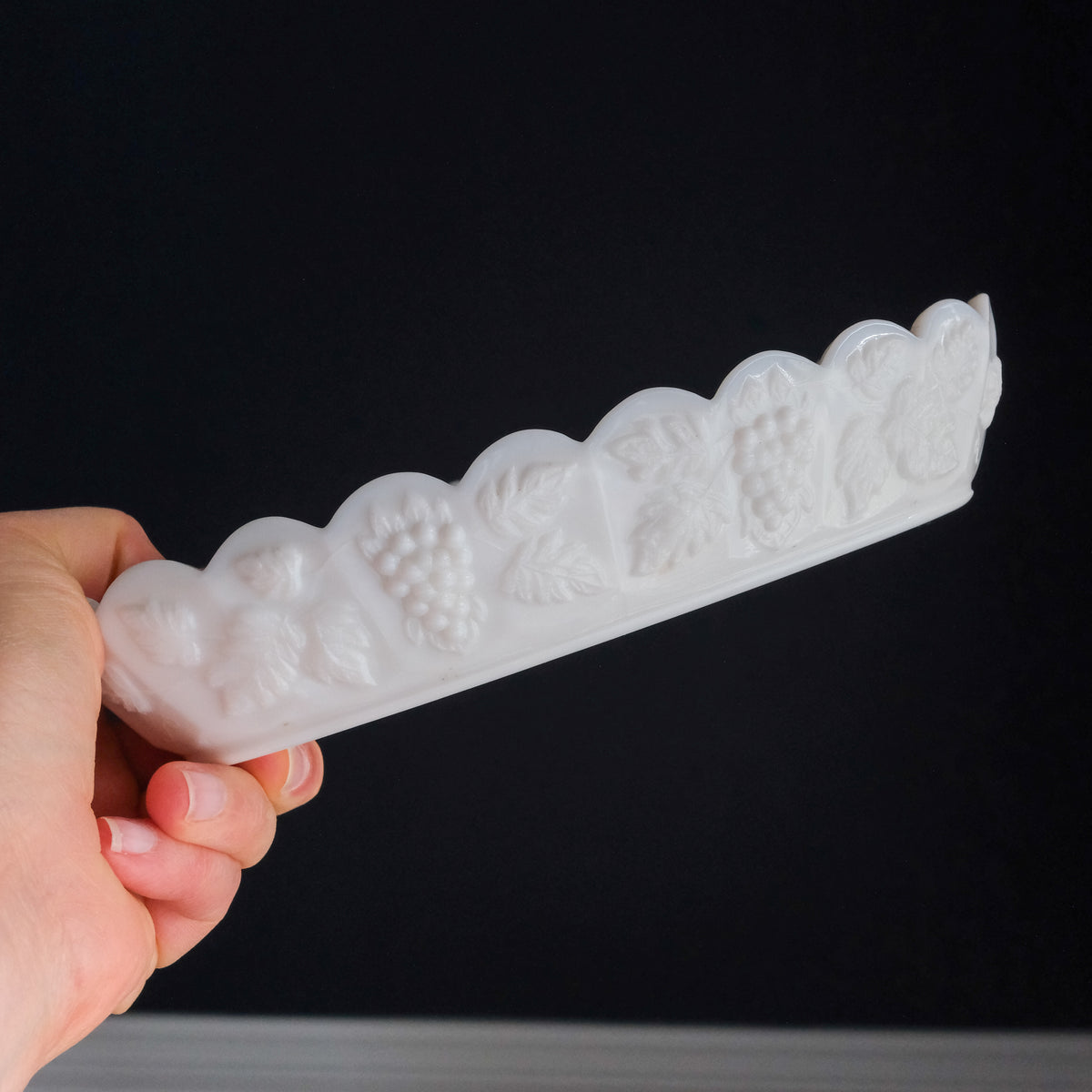 Vintage Westmoreland Milk Glass Oval Dish Embossed Grape & Leaf Pattern Scalloped Rim