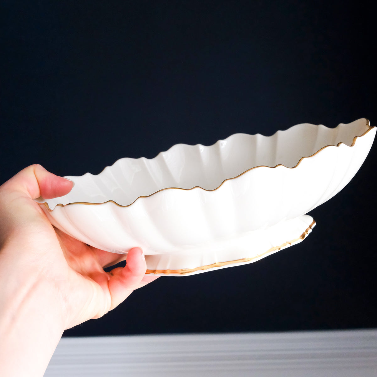 Lenox Fine China Cream Gold Edged Fluted Symphony Oval Footed Centerpiece Bowl