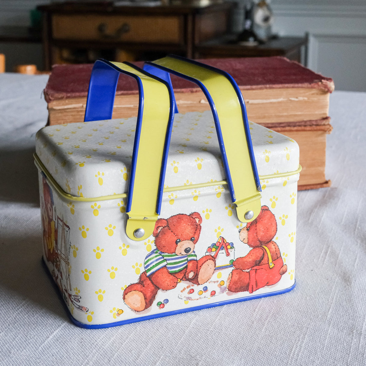 Beary Precious Potpourri Press Children's Tin Box Dual Yellow & Blue Teddy Bear Illustration